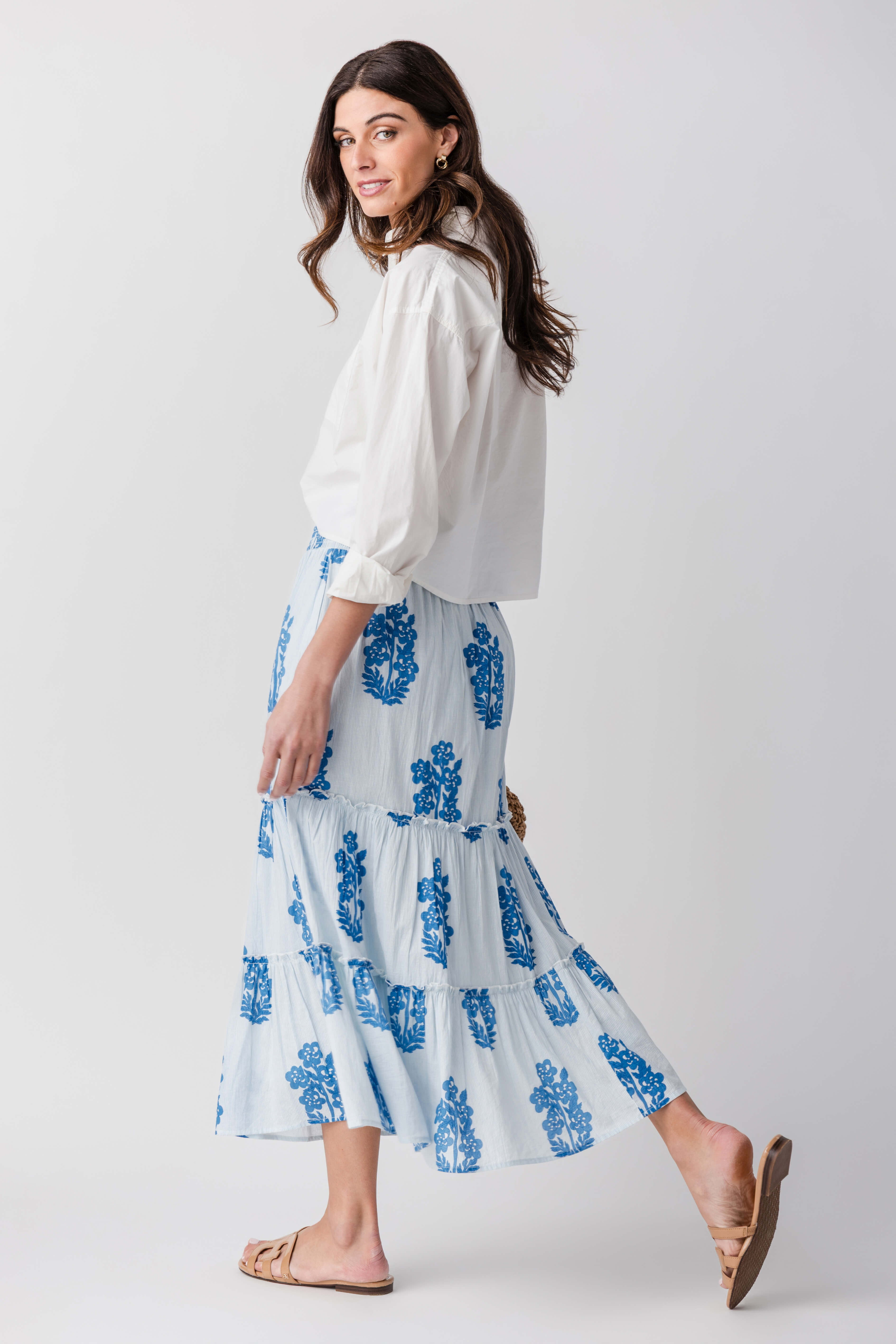 Light blue block print tiered maxi skirt, angled side view