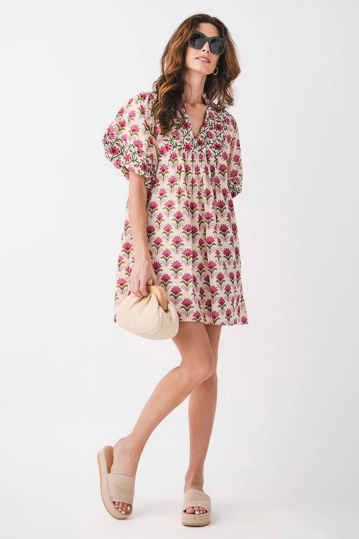 THML Genevieve Floral Print Puff Sleeve Splitneck Dress