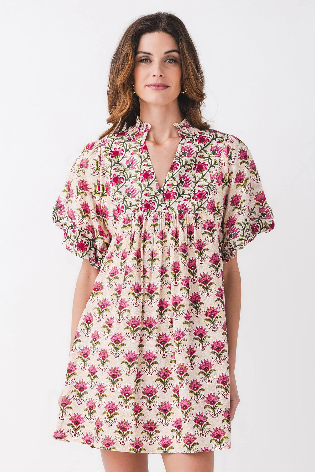 THML Genevieve Floral Print Puff Sleeve Splitneck Dress