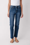 Dark blue high-rise crop straight jeans front view, zip fly, belt loops, frayed hem