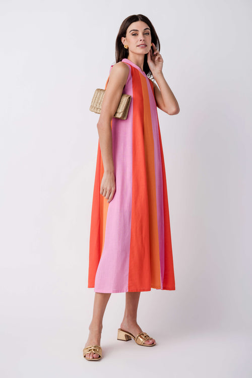 Sleeveless colorblock midi dress with vertical orange, pink, and lilac stripes.