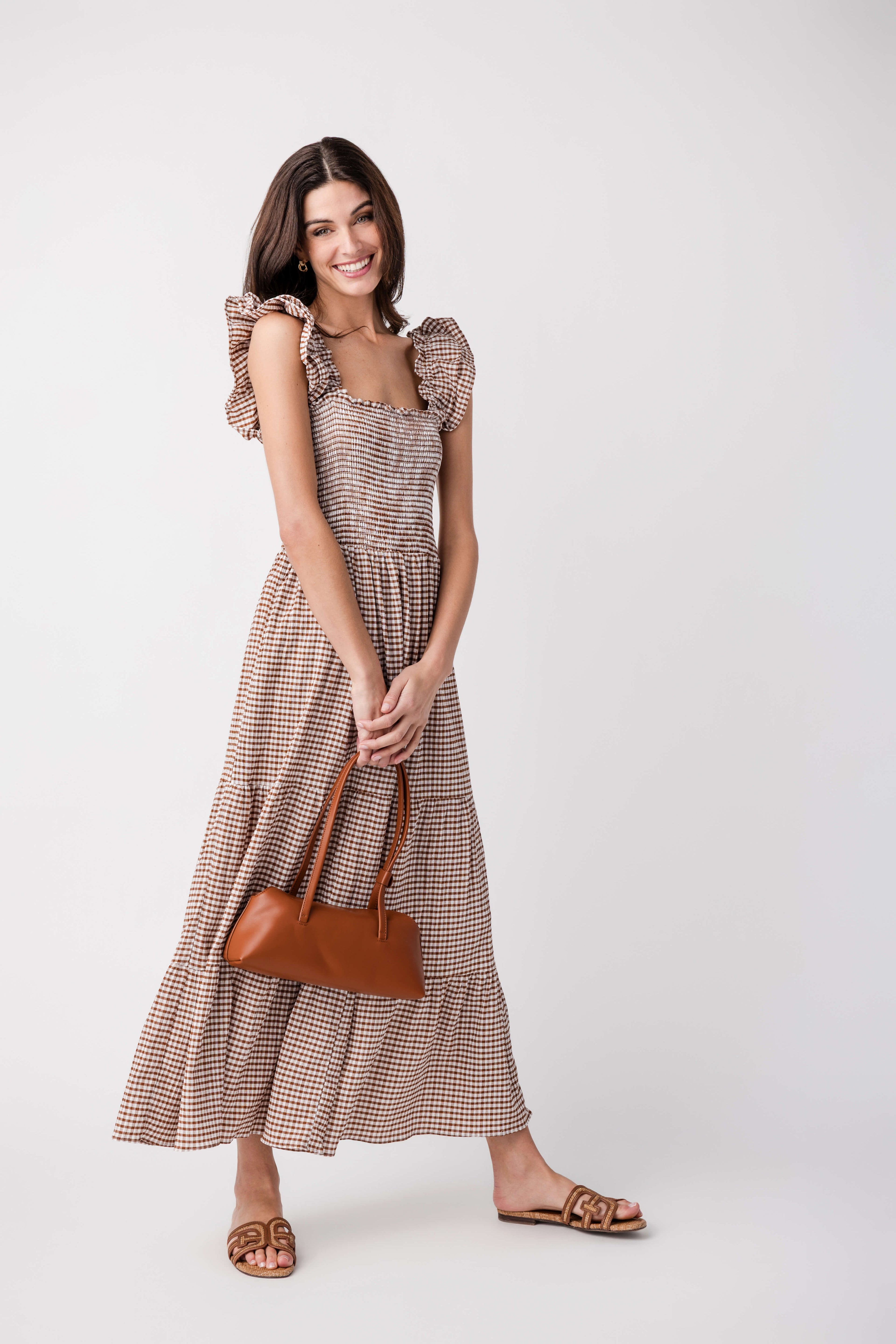 Promesa Gingham Smocked Ruffle Maxi Dress Brown / Medium Promesa Gingham Smocked Ruffle Maxi Dress Brown / Medium
