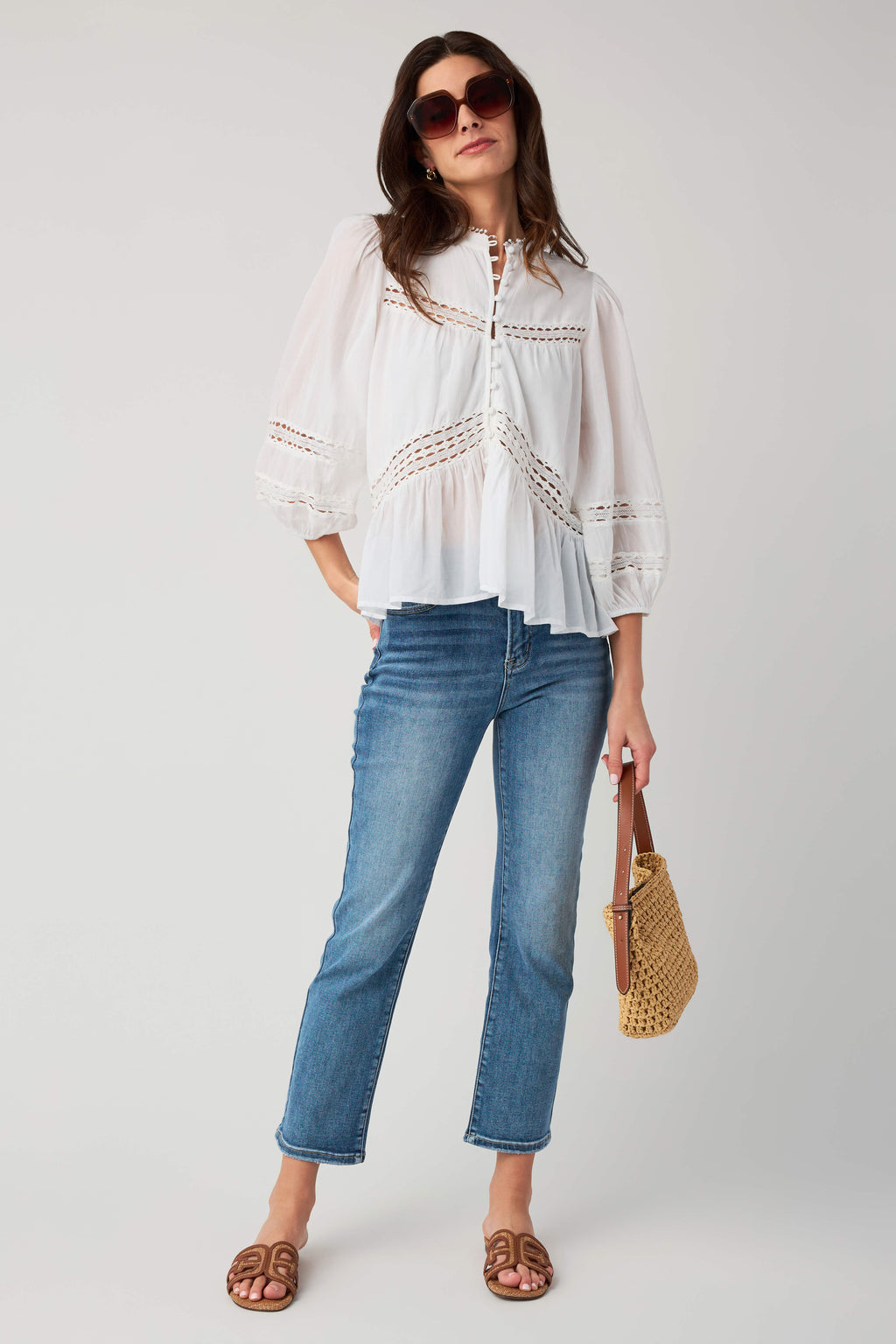 Elan Crochet Detail Button Up Top