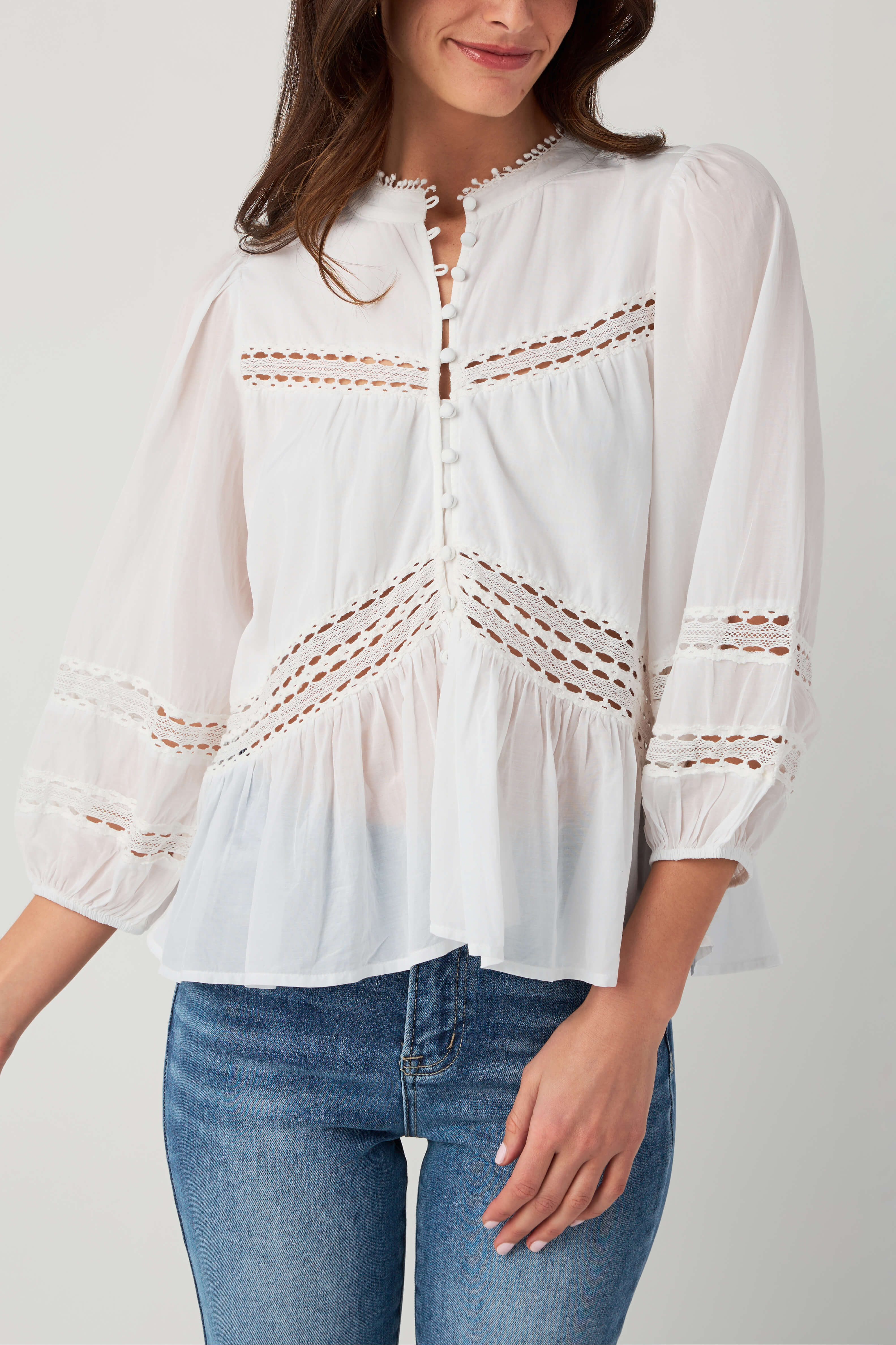 Elan Crochet Detail Button Up Top