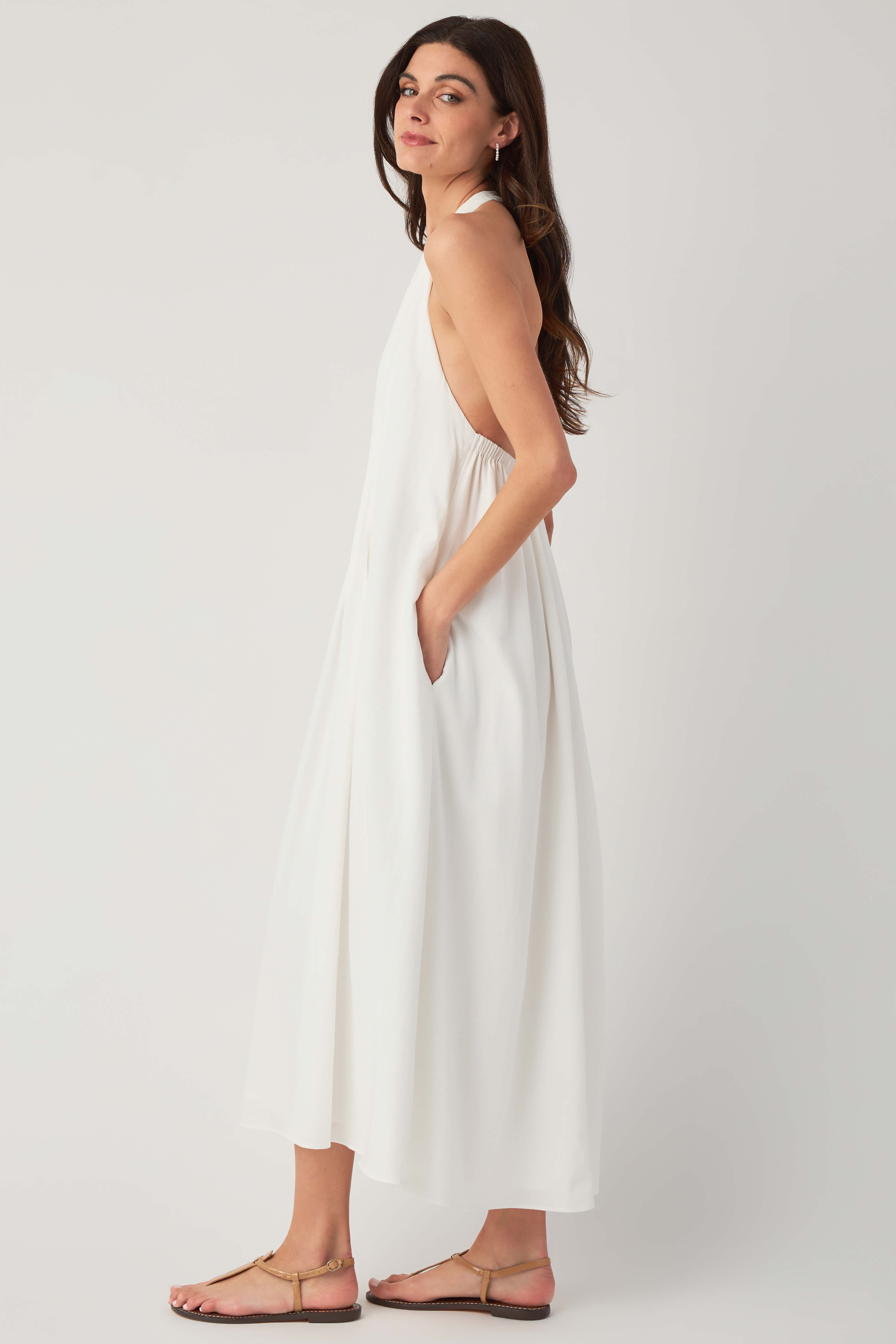 In February Pleated Halter Midi Dress Off White / Large In February Pleated Halter Midi Dress Off White / Large