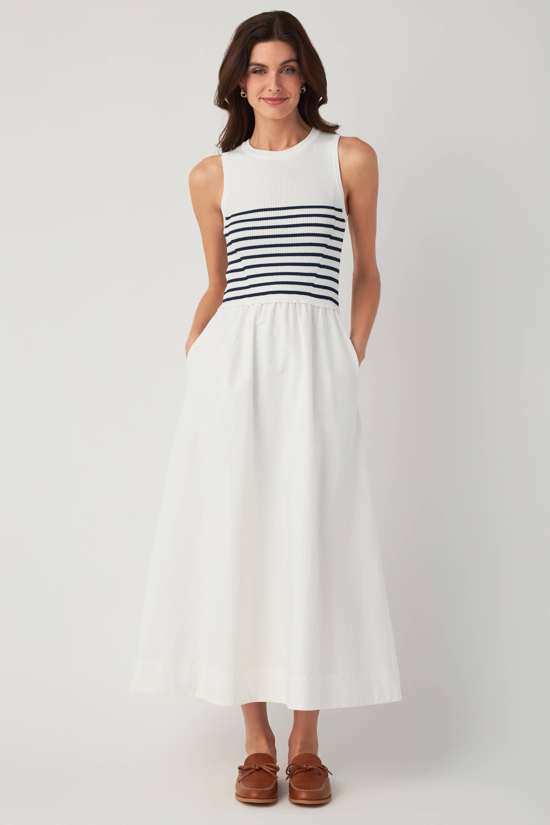 Skies Are Blue Mixed Media Midi Dress - White/Navy / Extra Small Skies Are Blue Mixed Media Midi Dress - White/Navy / Extra Small