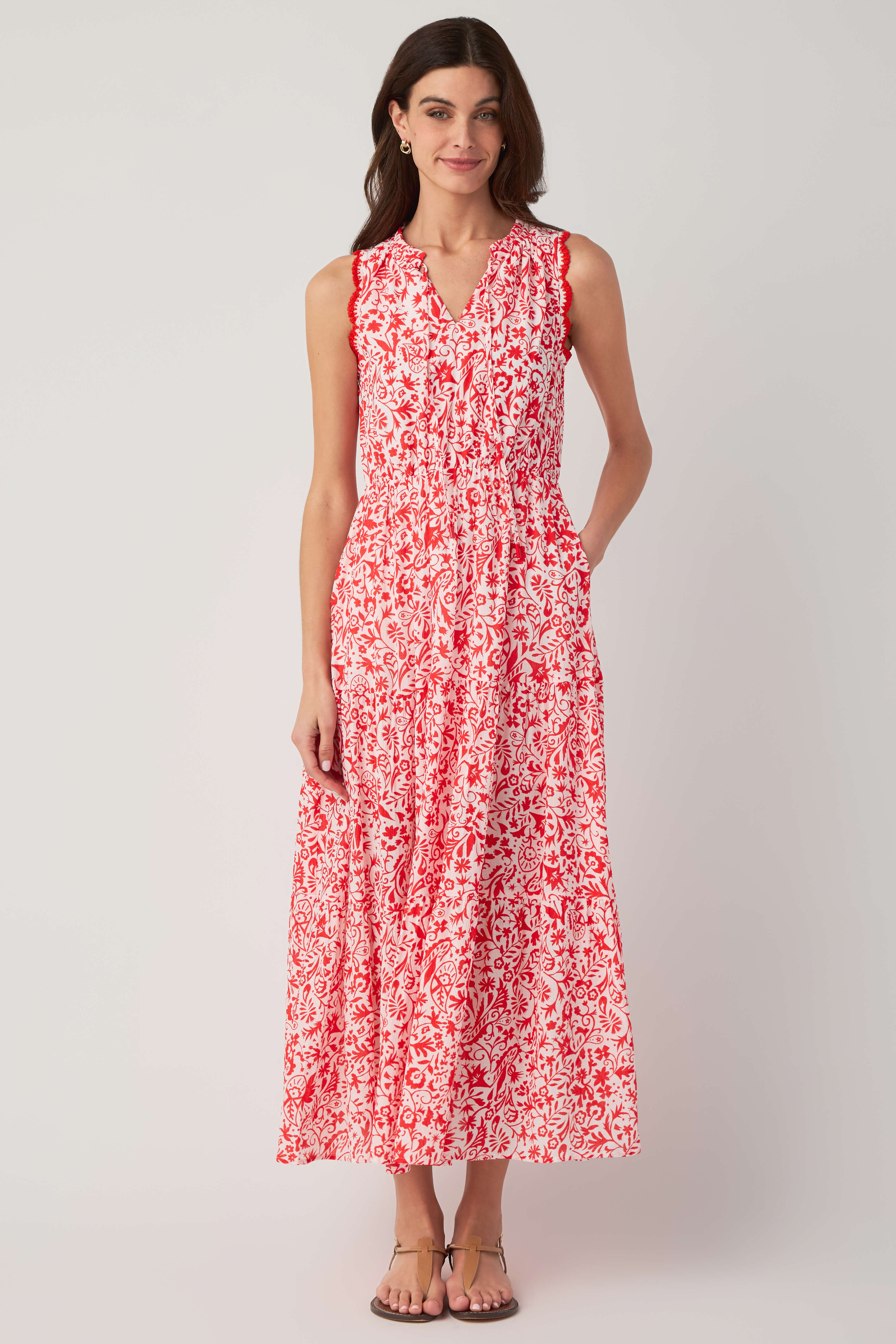 Skies Are Blue Printed Tiered Maxi Dress White Red / Extra Small Skies Are Blue Printed Tiered Maxi Dress White Red / Extra Small