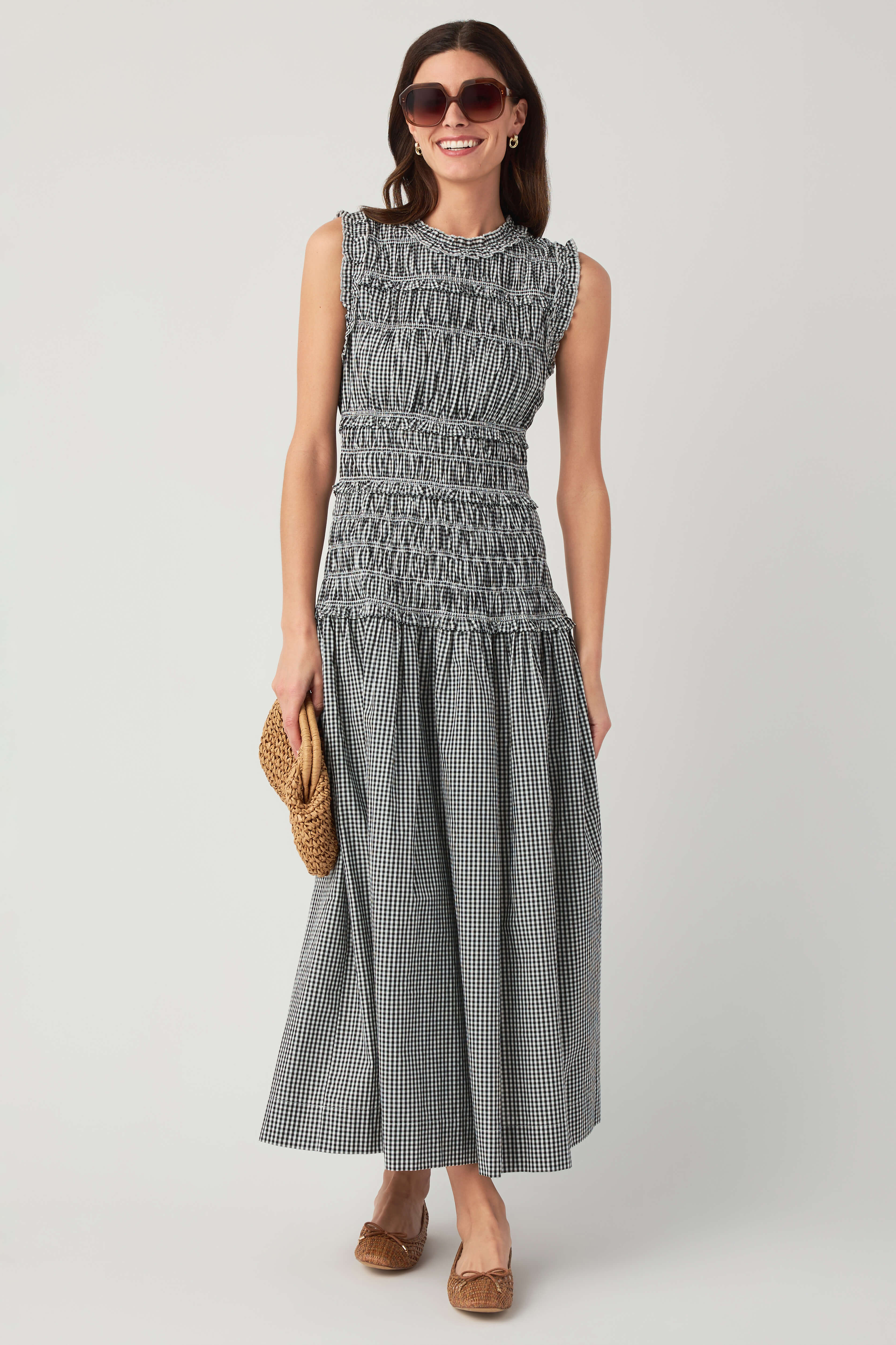 Pinch Smocked Gingham Maxi Dress