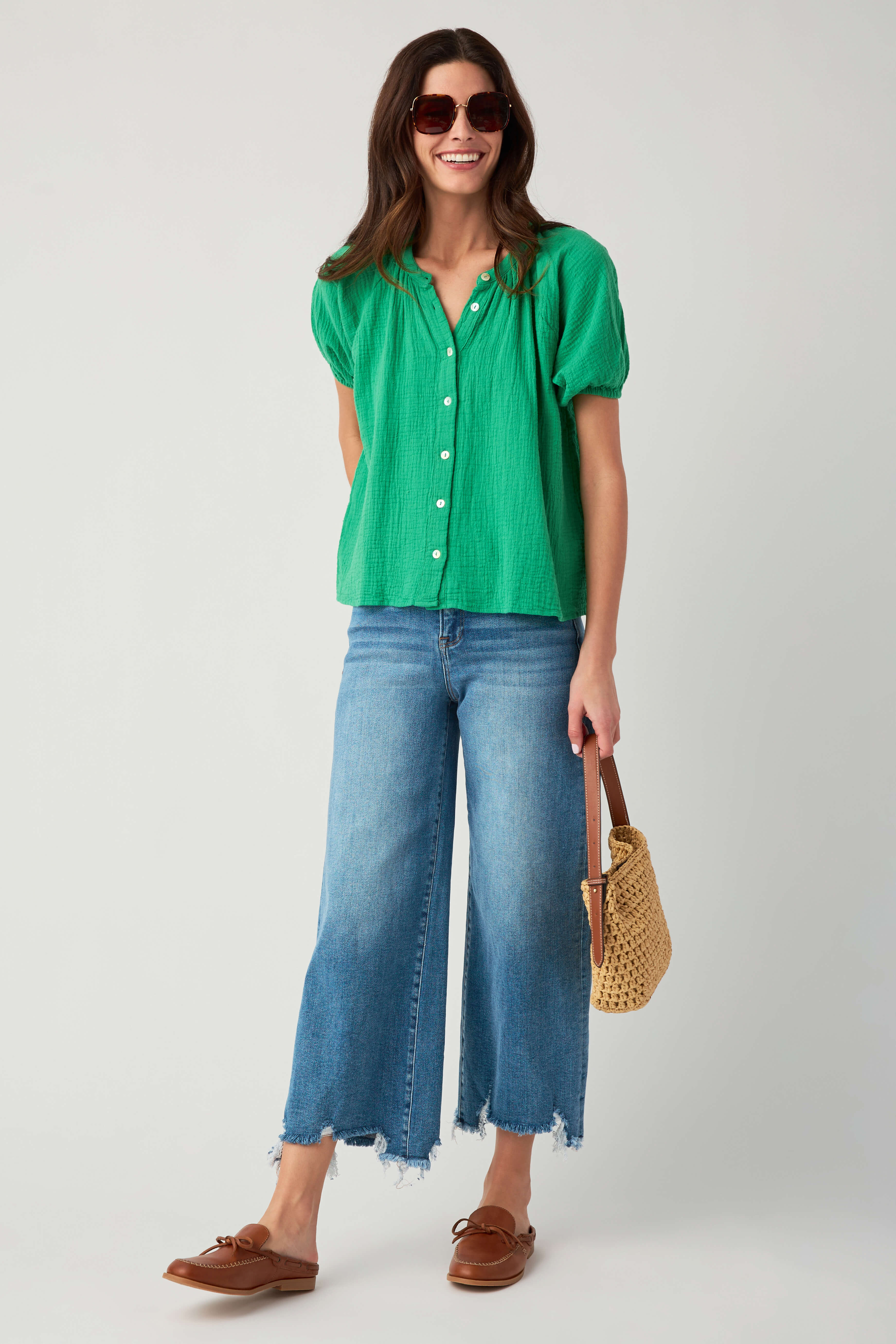 Elan Gauze Button Up Top