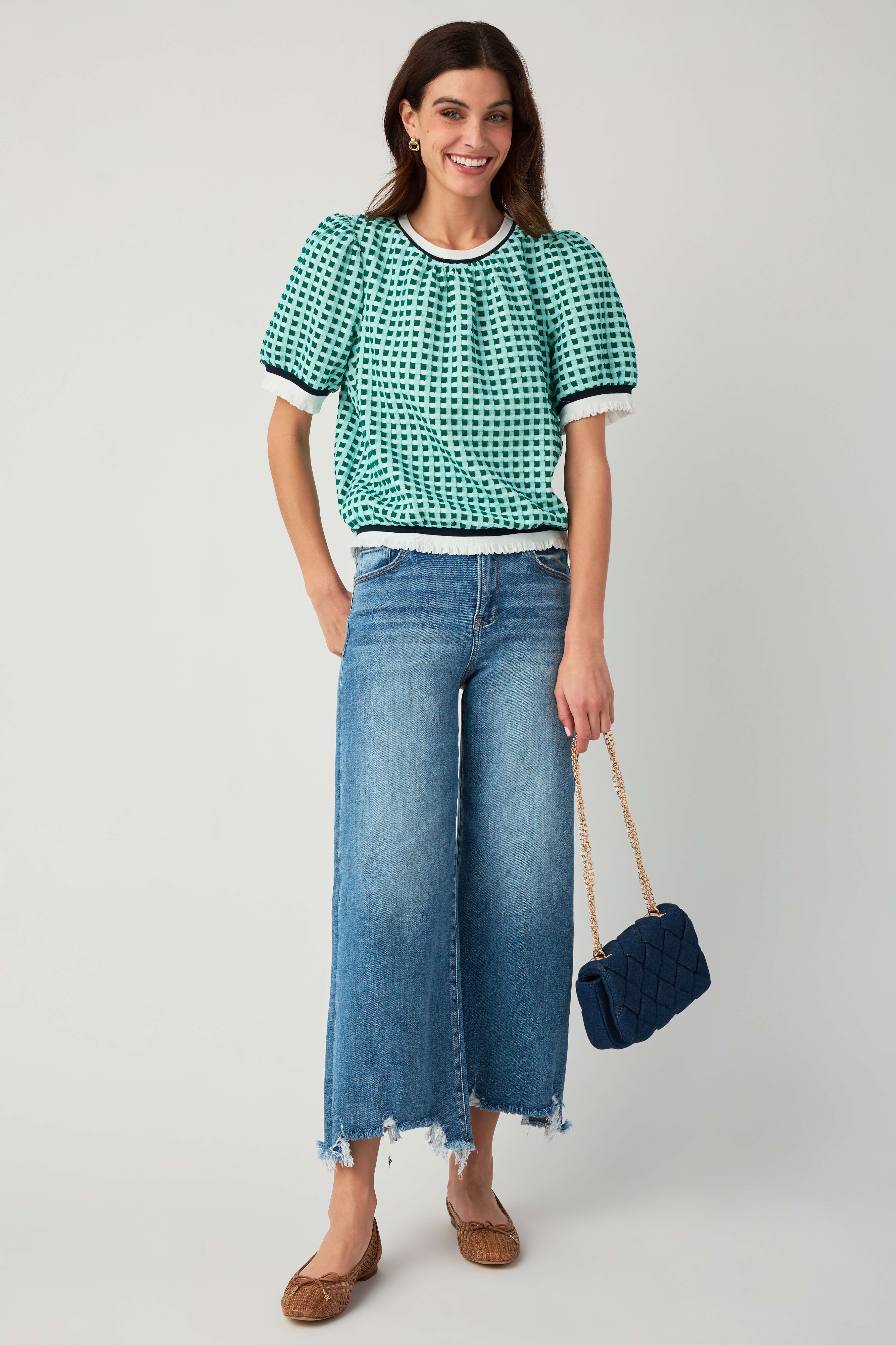 Voy Striped Contrast Textured Gingham Knit Top