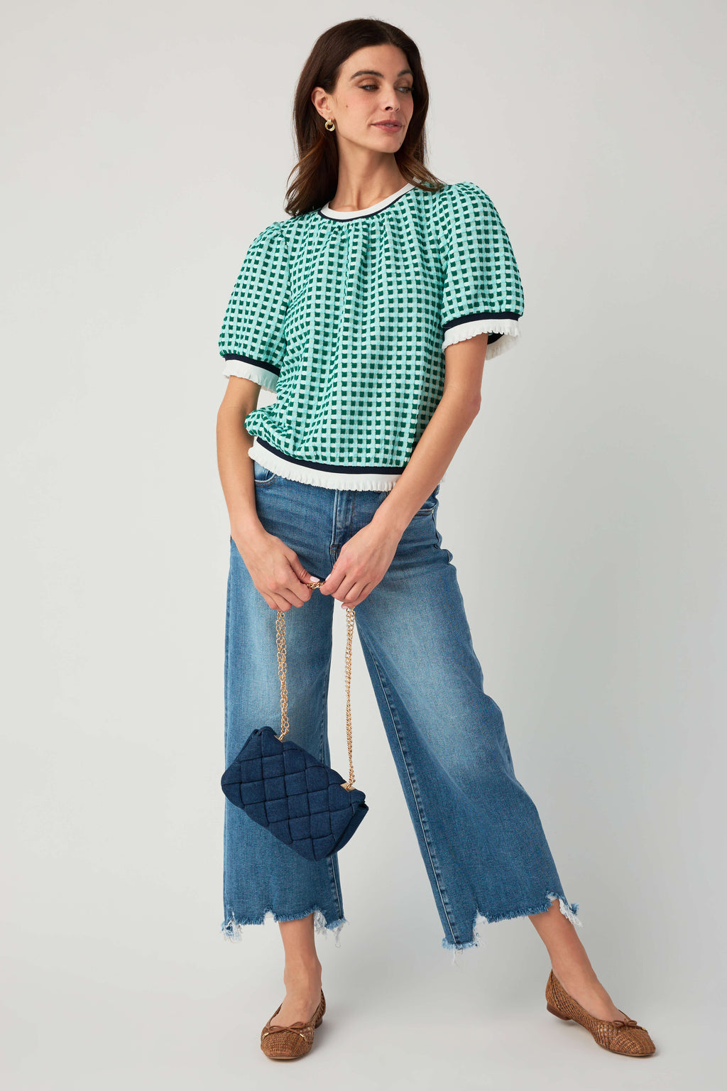 Voy Striped Contrast Textured Gingham Knit Top