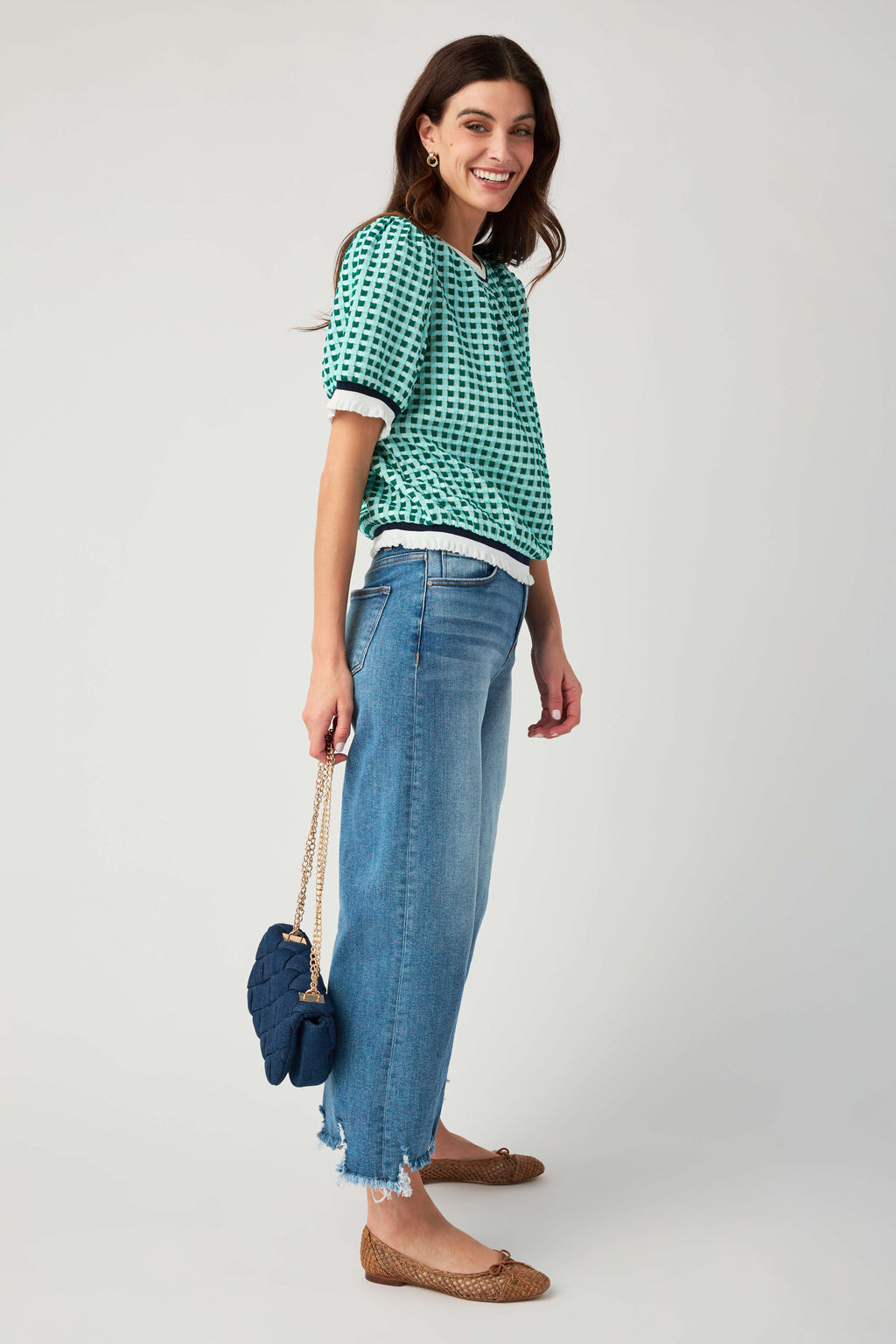 Voy Striped Contrast Textured Gingham Knit Top