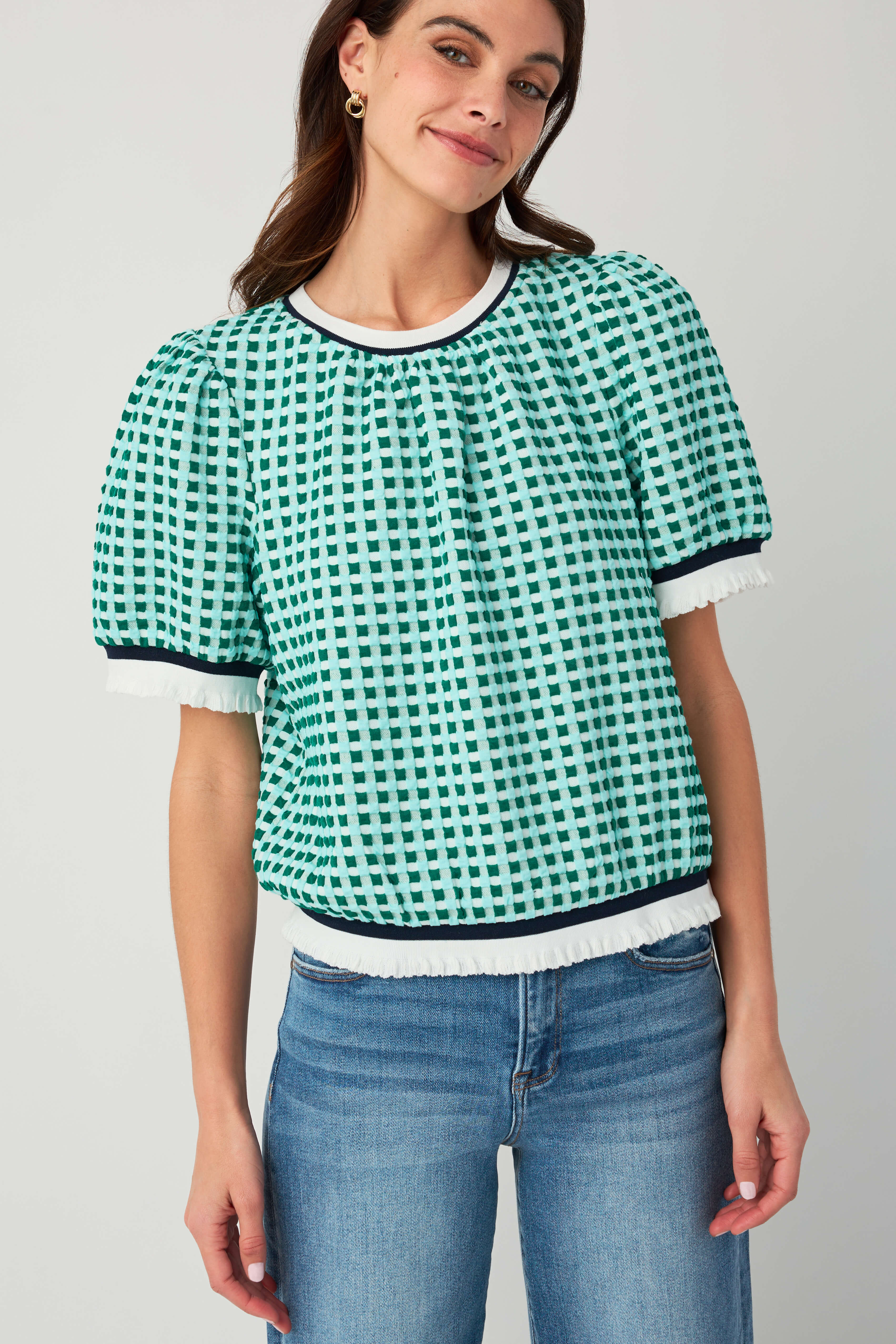 Voy Striped Contrast Textured Gingham Knit Top