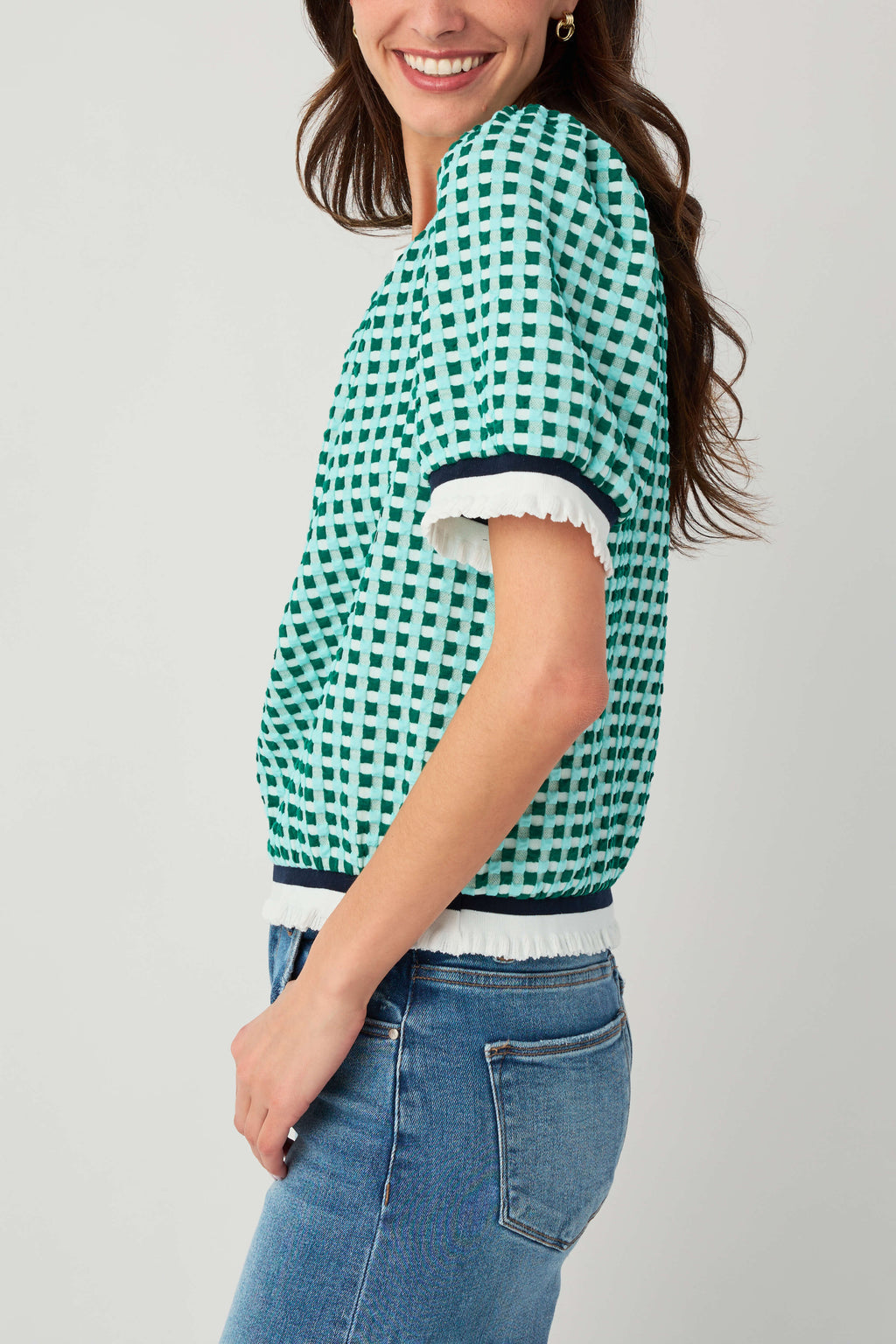 Voy Striped Contrast Textured Gingham Knit Top