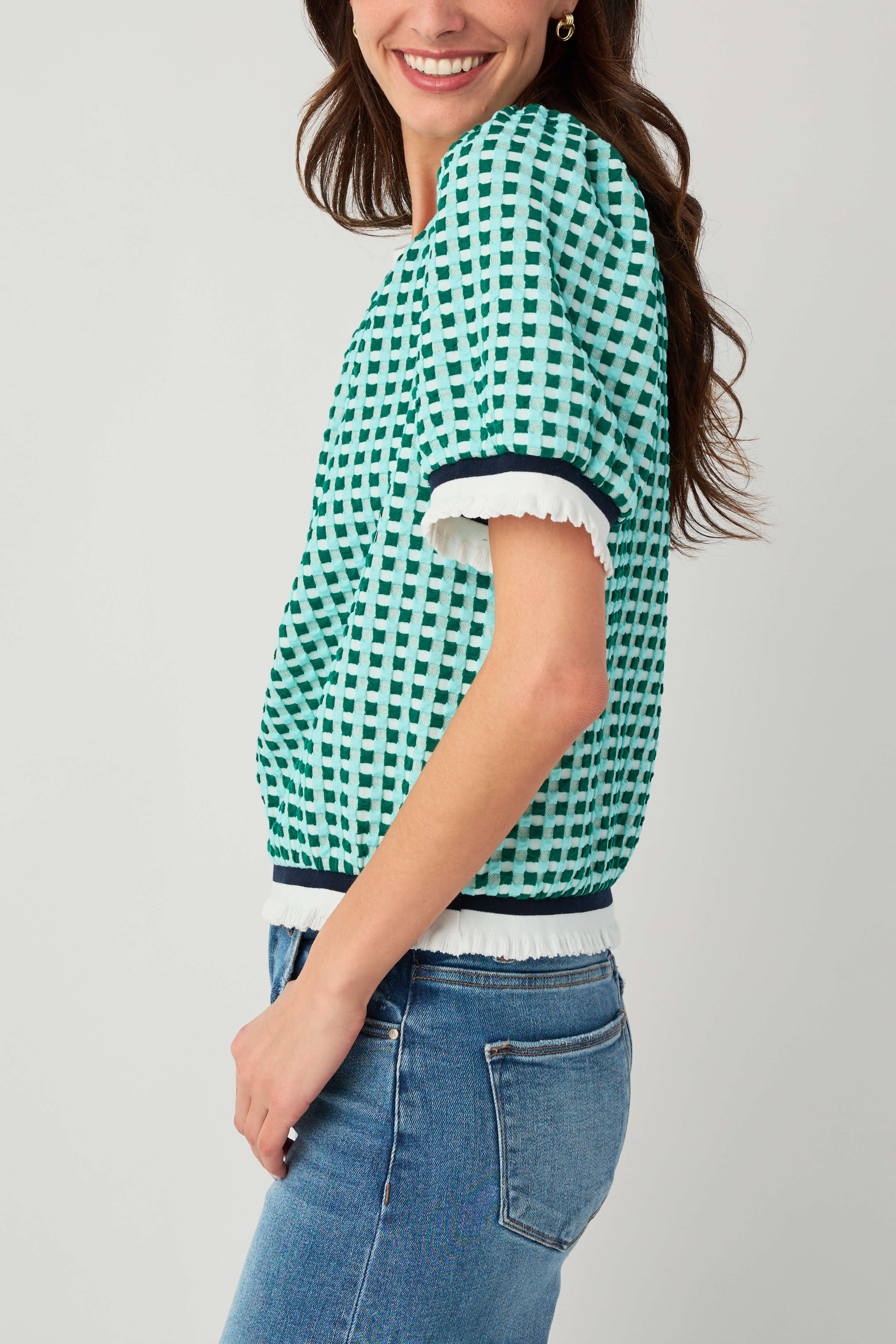 Voy Striped Contrast Textured Gingham Knit Top