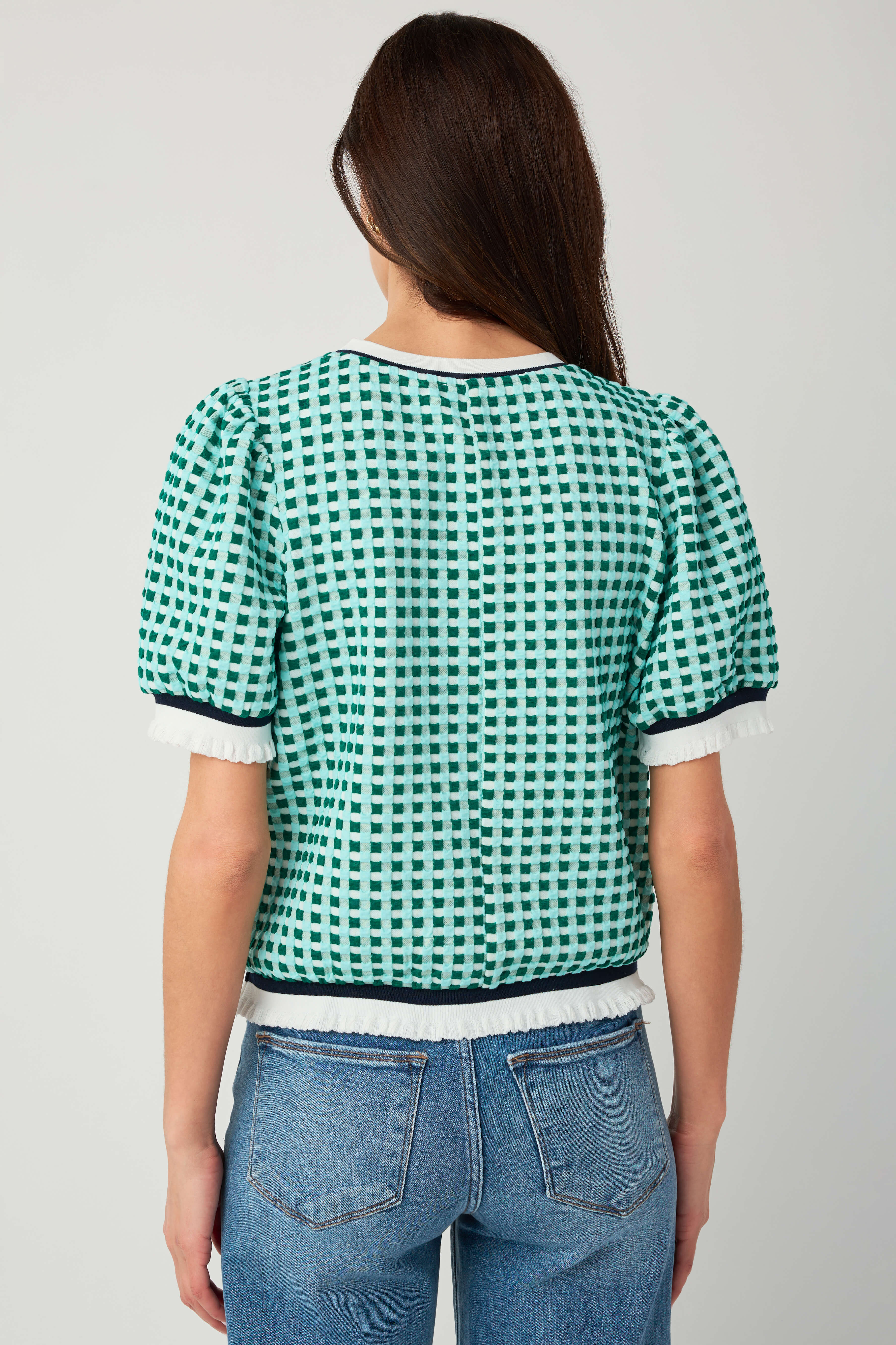 Voy Striped Contrast Textured Gingham Knit Top