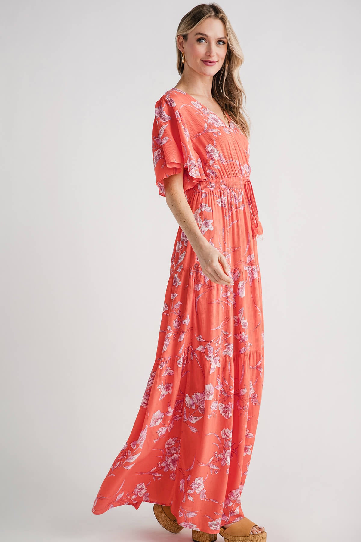 Easel Floral Printed Gauze Surplus Maxi Dress