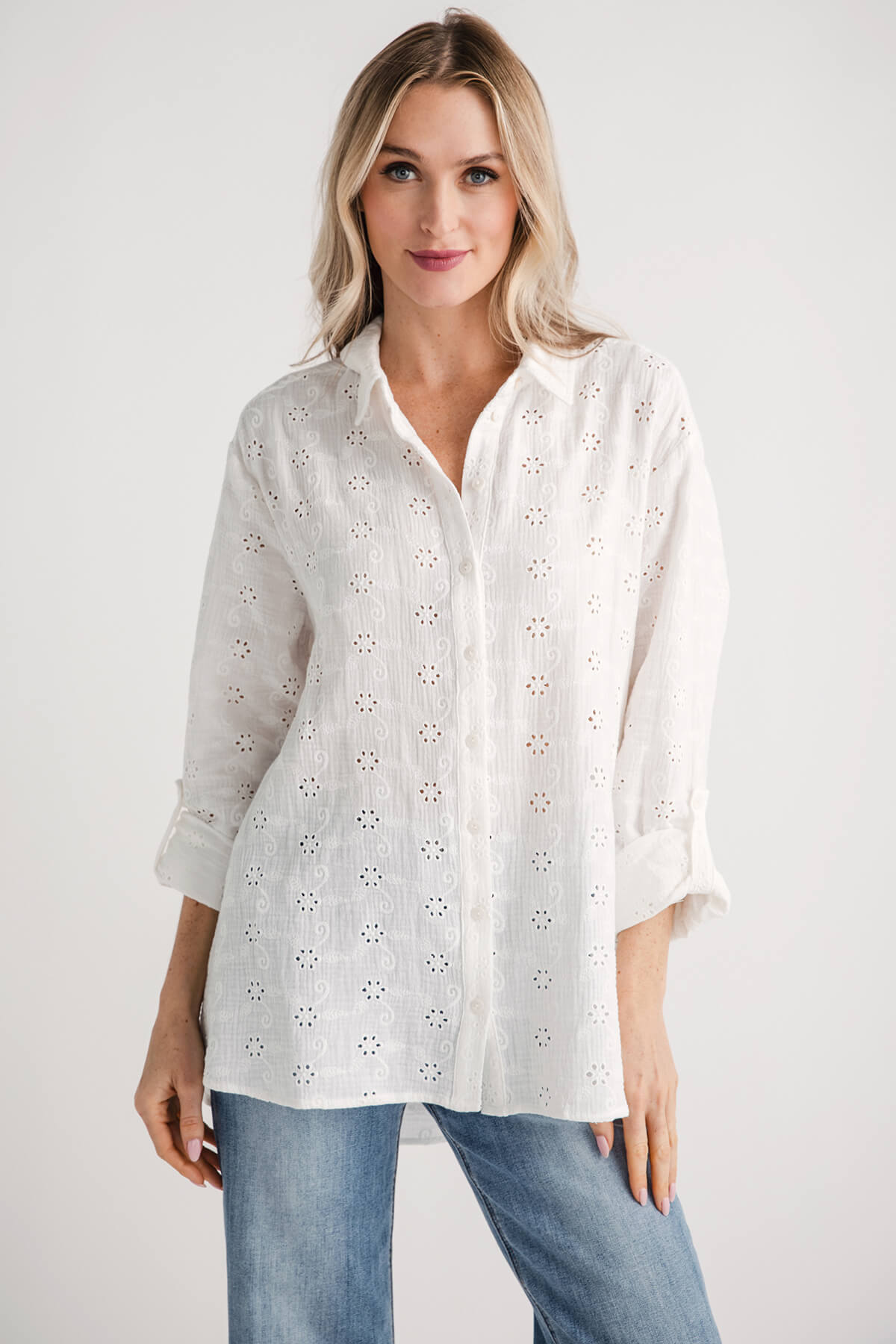 Lovestitch Eyelet Embroidered Button Down Top