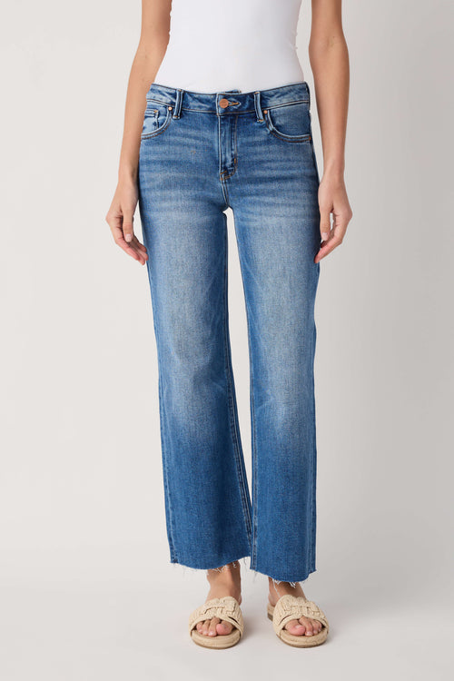 Risen Chelsea Mid Rise Straight Raw Hem Jeans