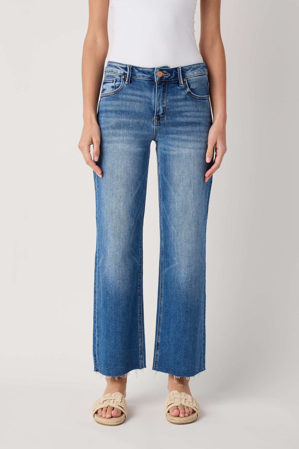 Risen Chelsea Mid Rise Straight Raw Hem Jeans