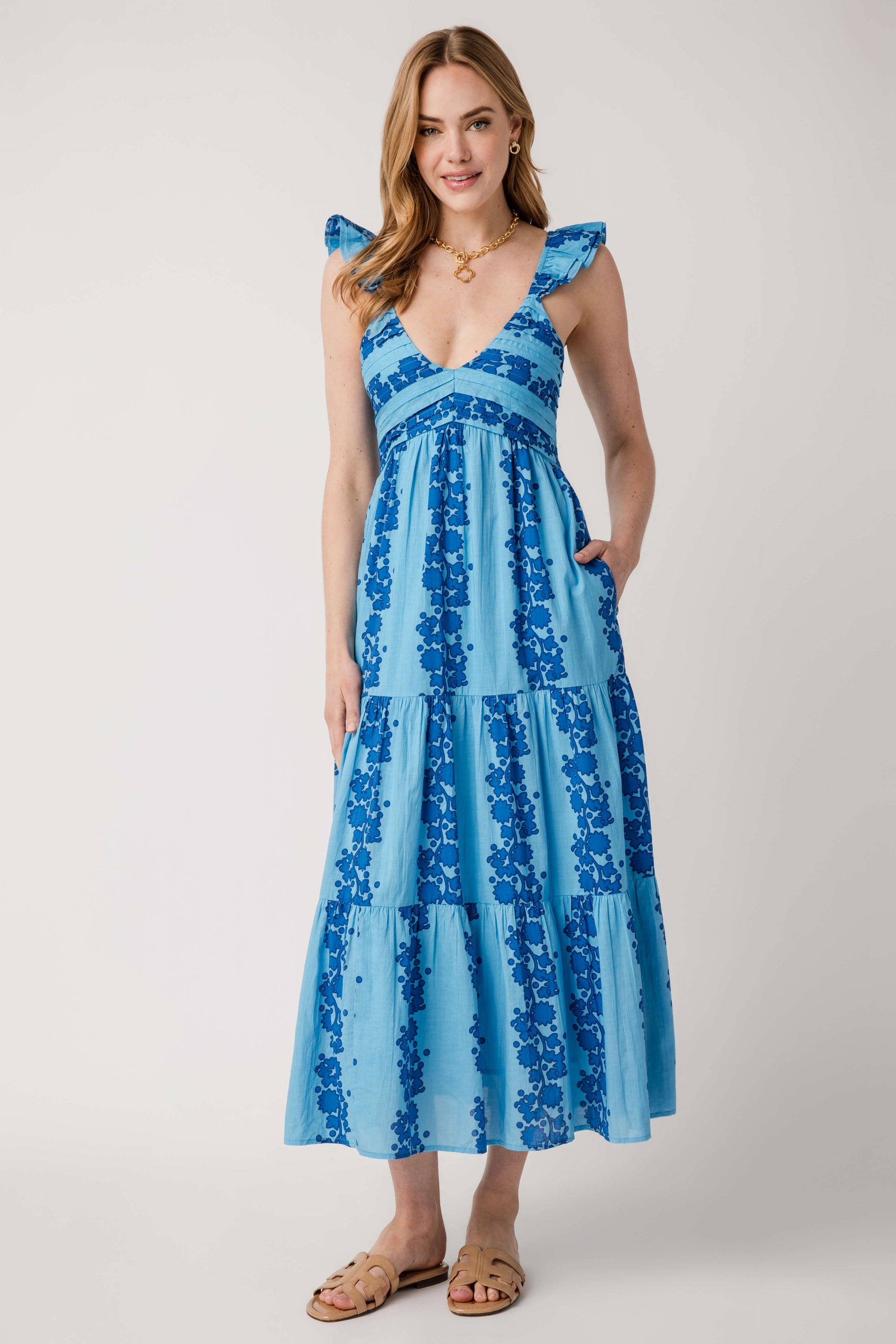 THML Vneck Tiered Maxi Dress