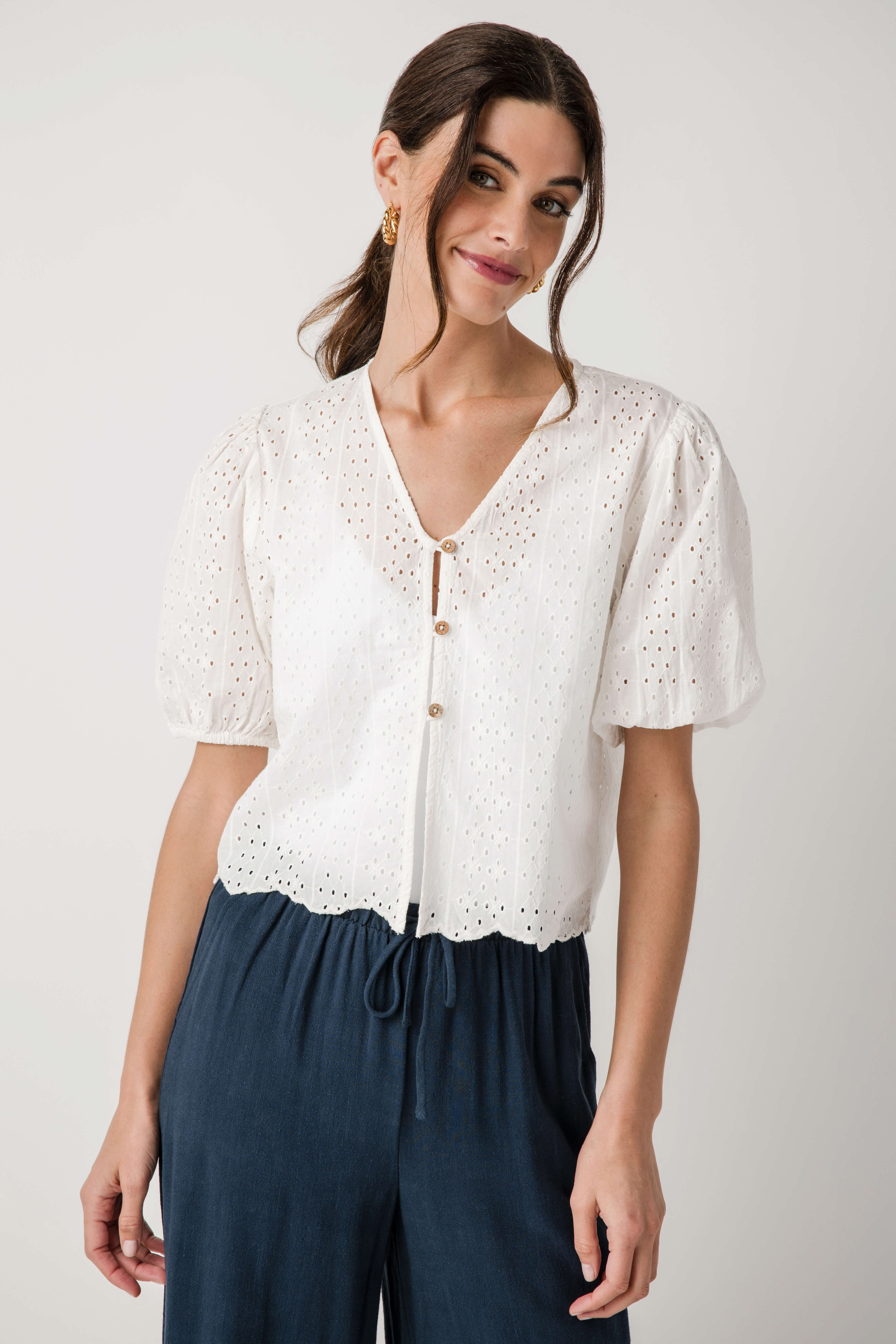 Elan Eyelet Button Up Top