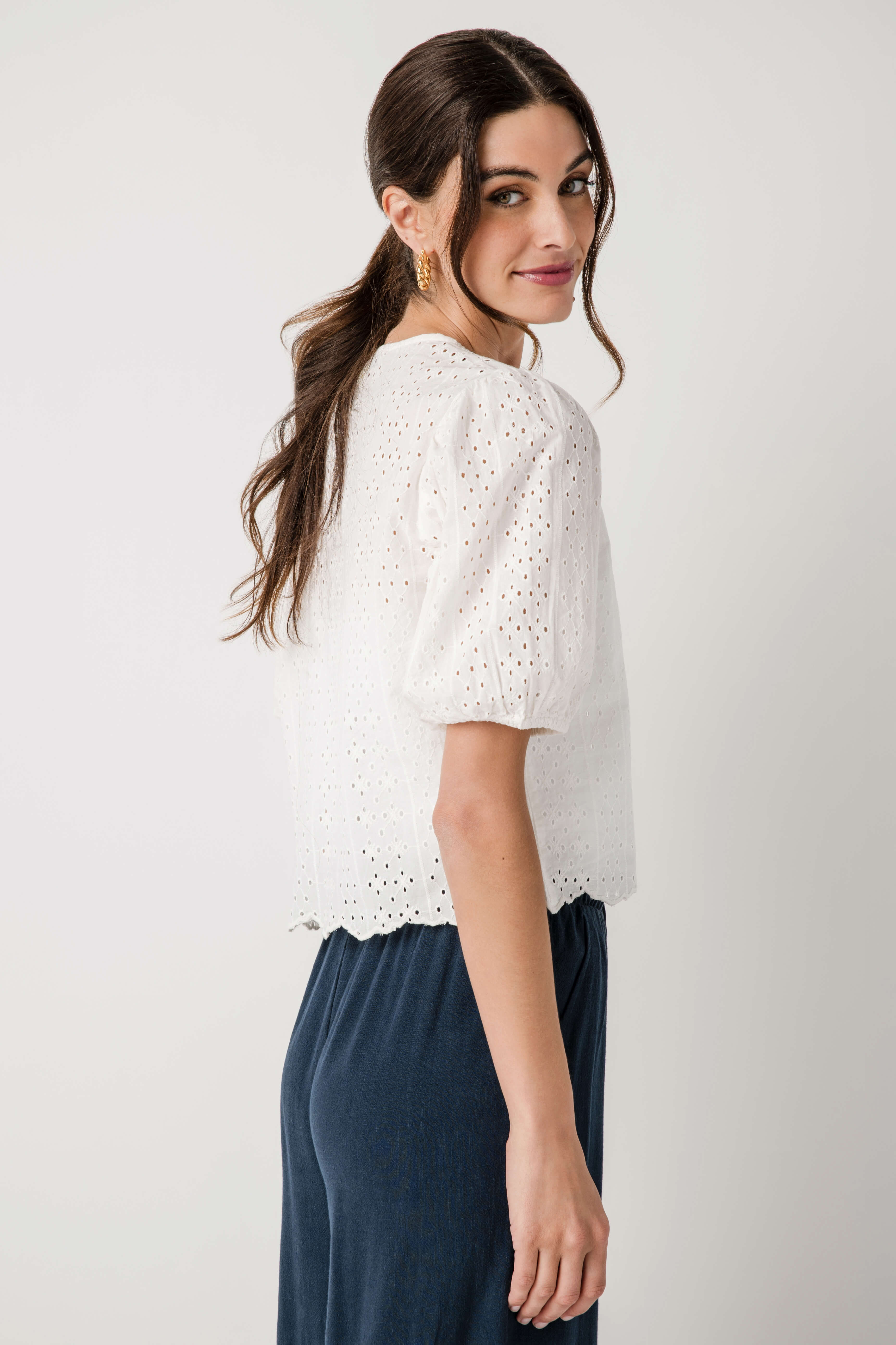 Elan Eyelet Button Up Top