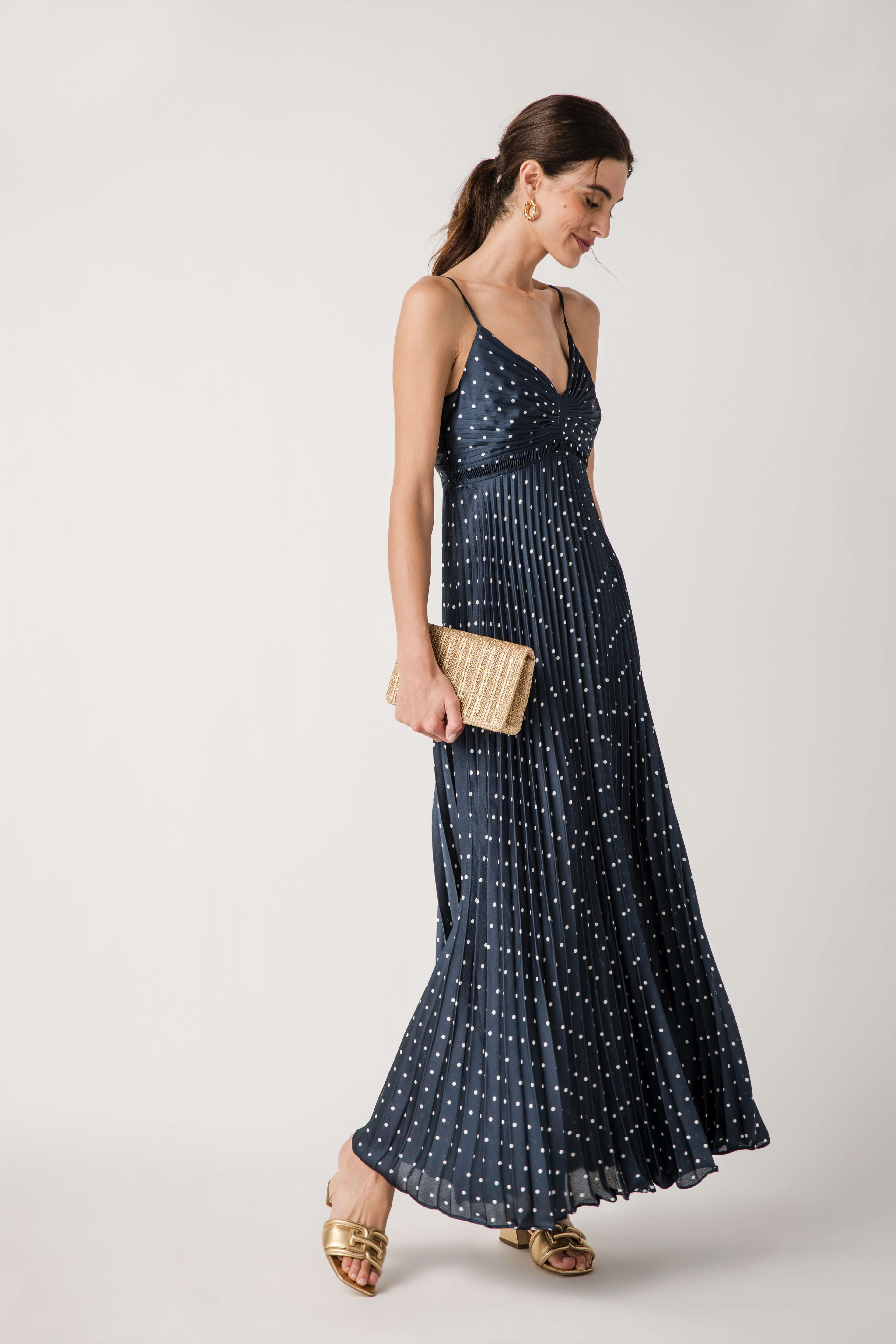Skies Are Blue Polka Dot Pleated Sleeveless Dress