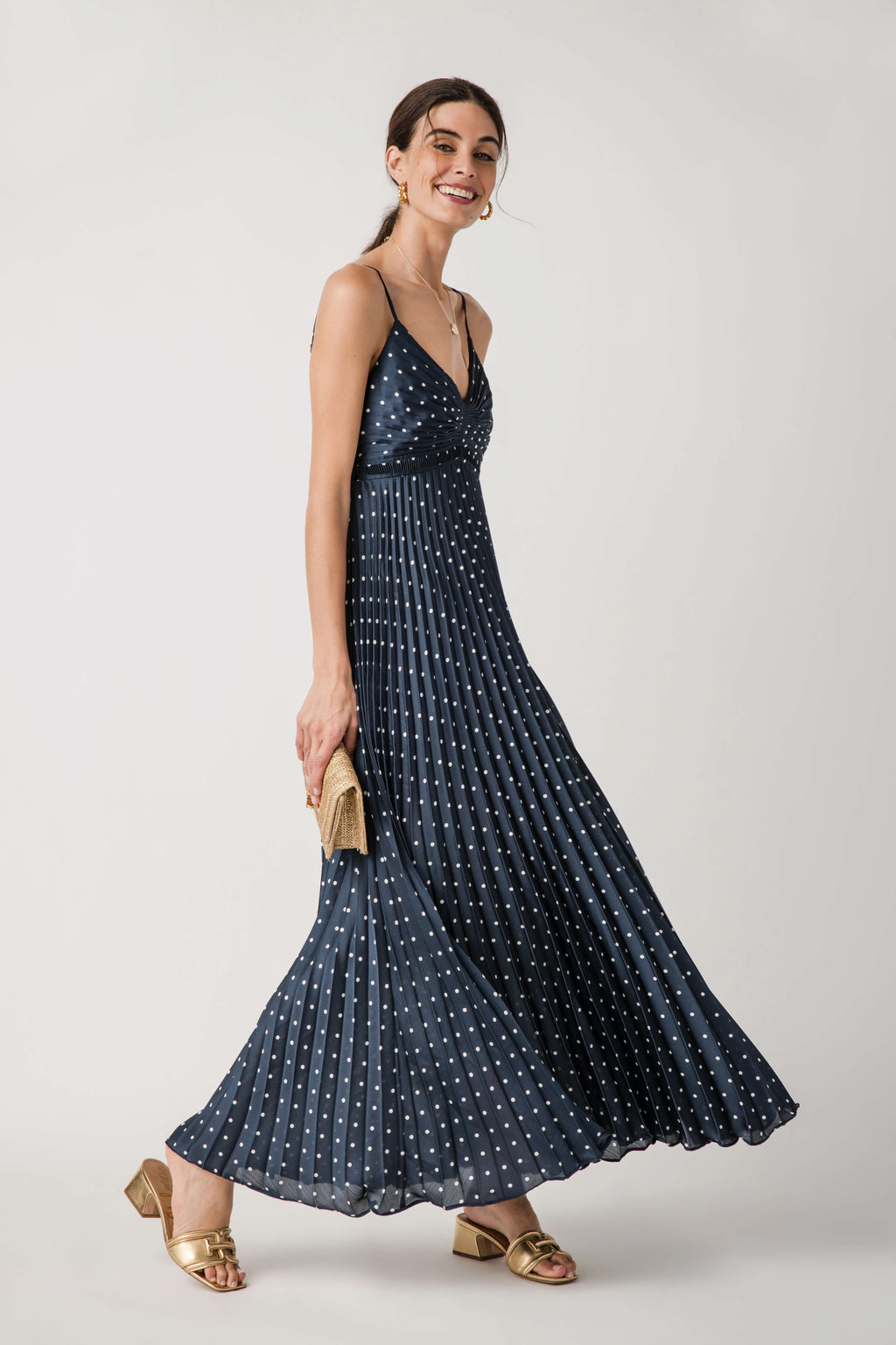 Skies Are Blue Polka Dot Pleated Sleeveless Dress