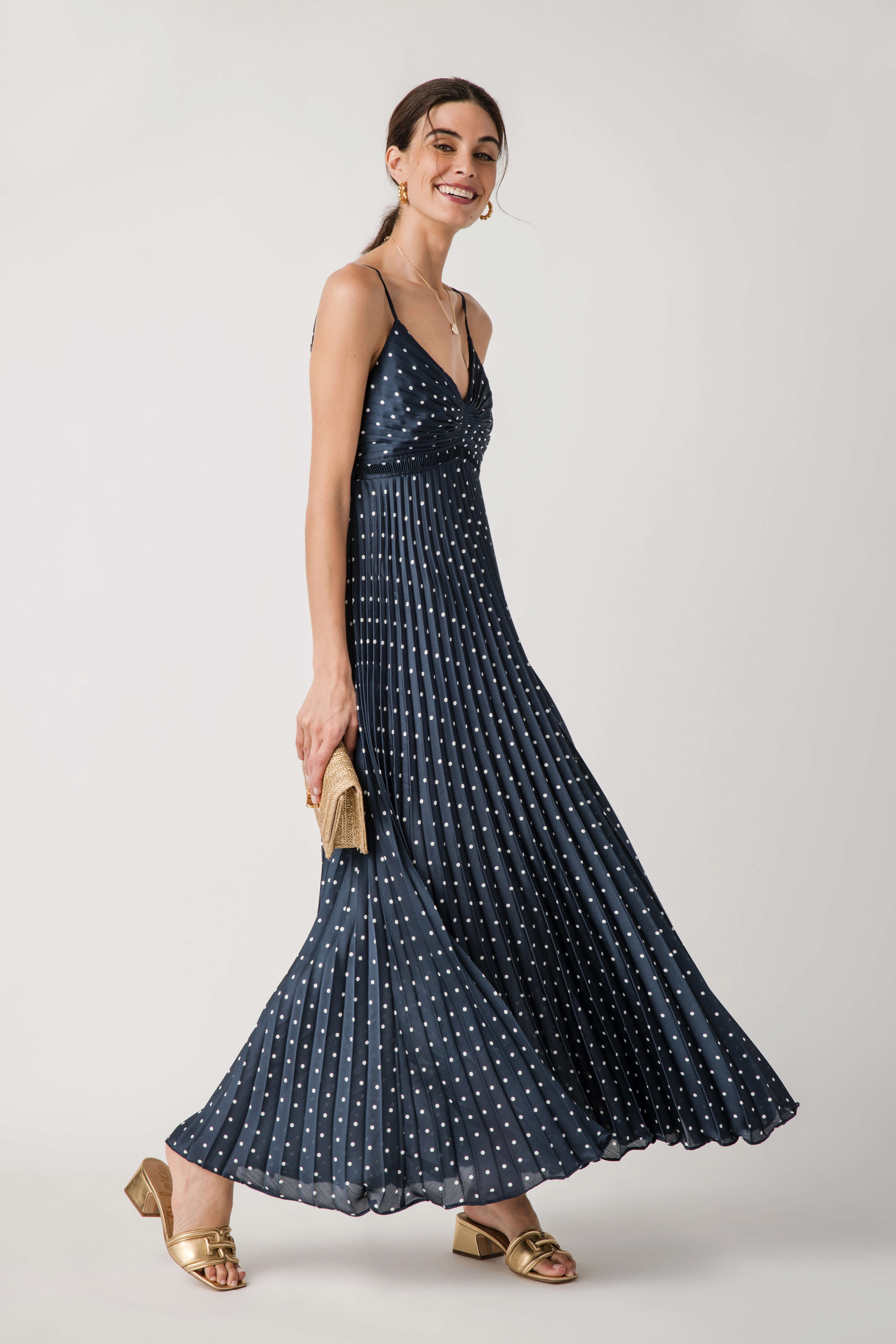 Skies Are Blue Polka Dot Pleated Sleeveless Dress