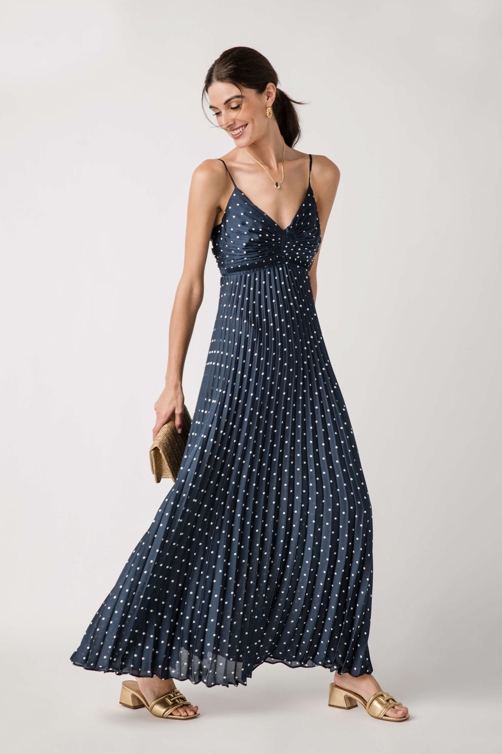 Skies Are Blue Polka Dot Pleated Sleeveless Dress