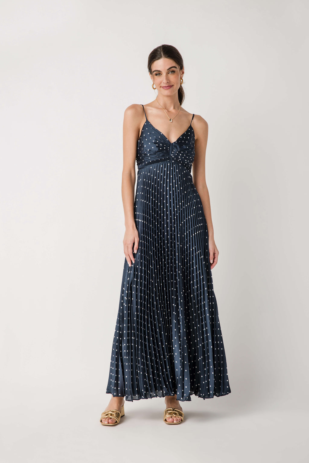 Skies Are Blue Polka Dot Pleated Sleeveless Dress