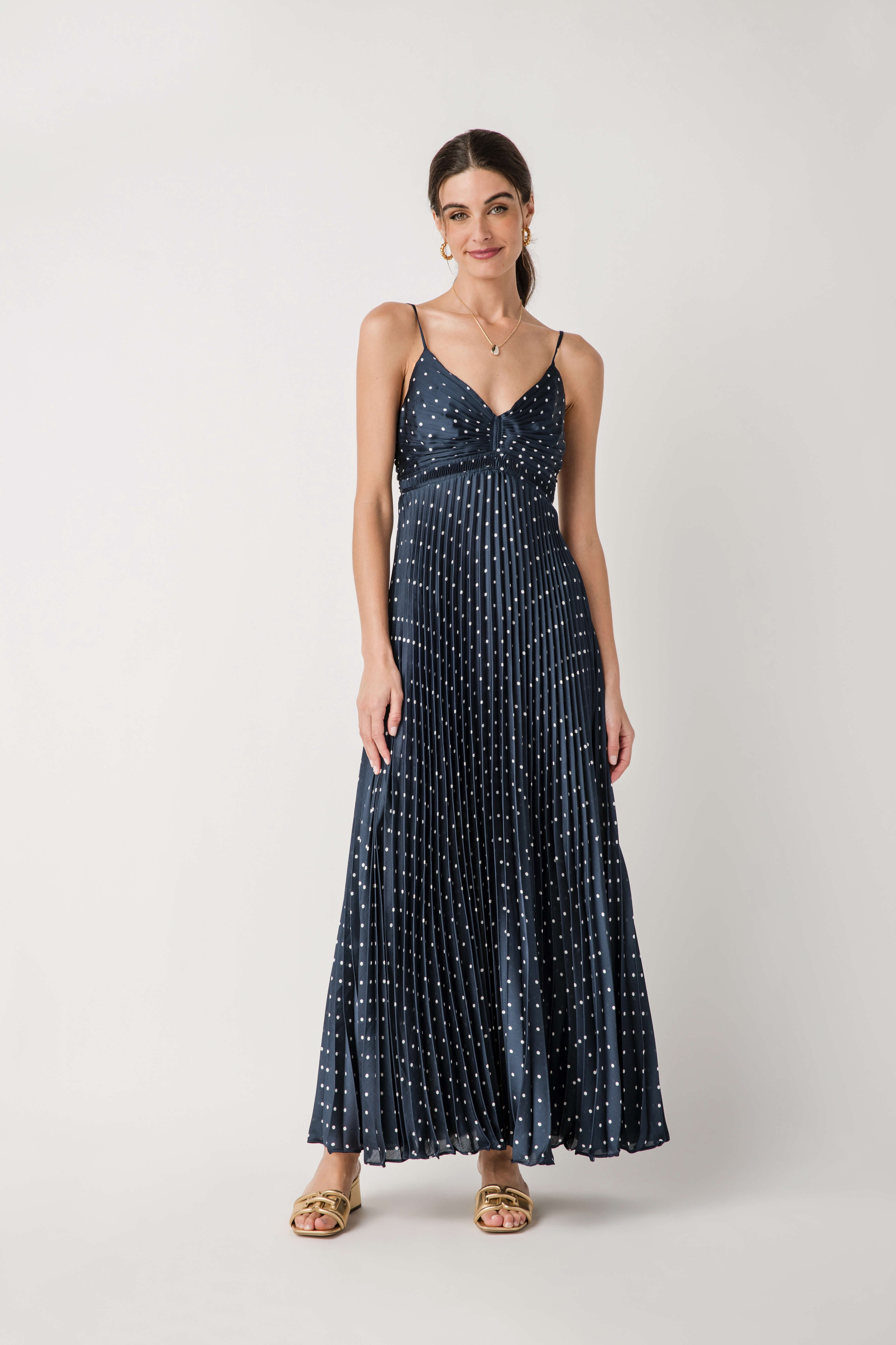 Skies Are Blue Polka Dot Pleated Sleeveless Dress