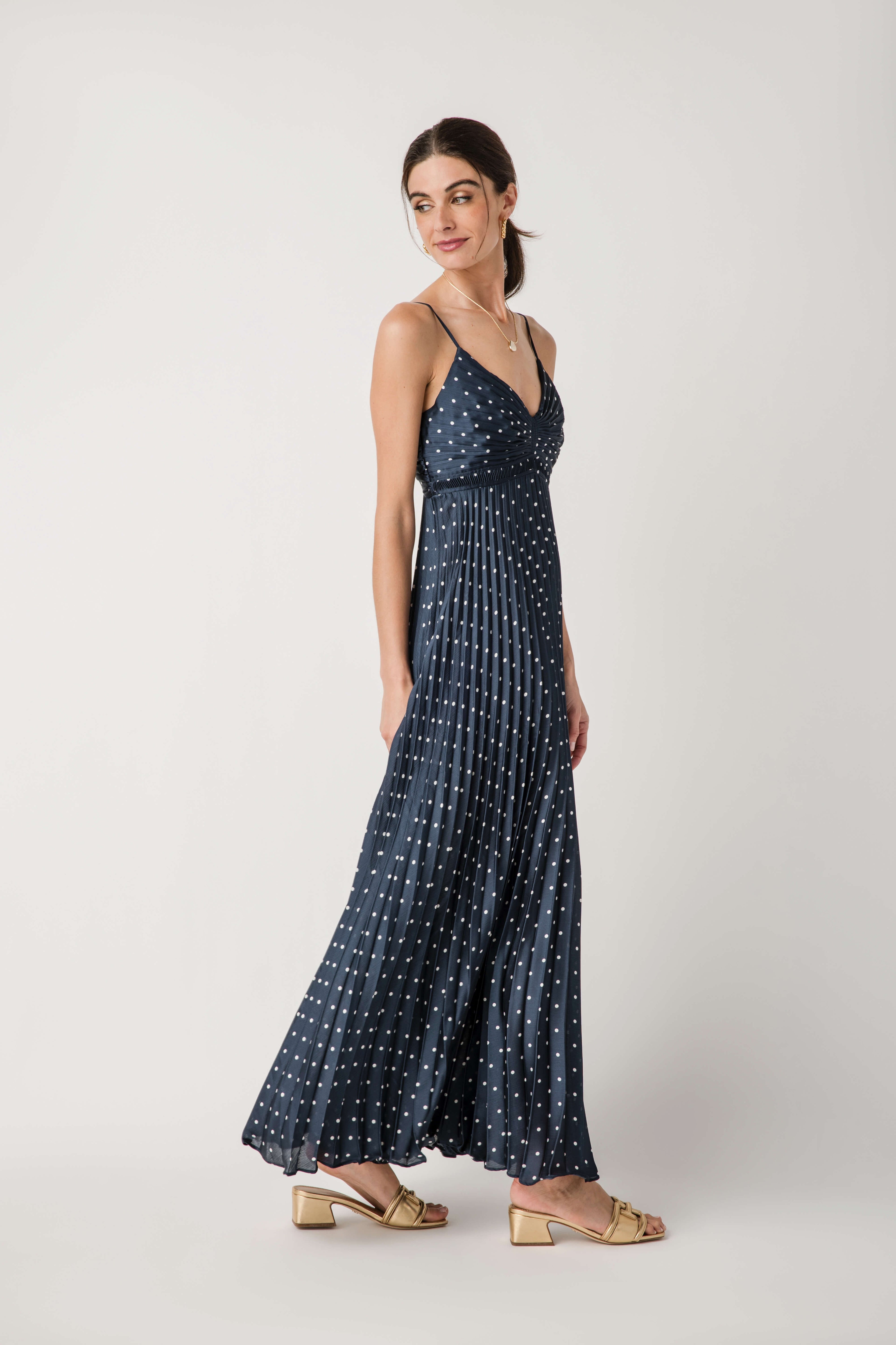 Skies Are Blue Polka Dot Pleated Sleeveless Dress