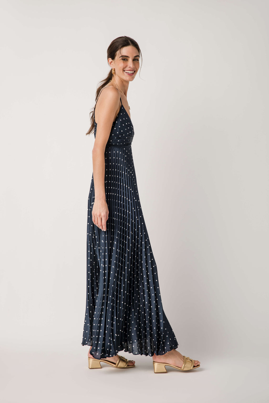 Skies Are Blue Polka Dot Pleated Sleeveless Dress