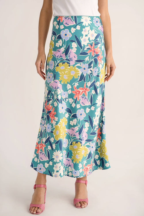 Promesa Floral Lace Trim High Waist Midi Skirt