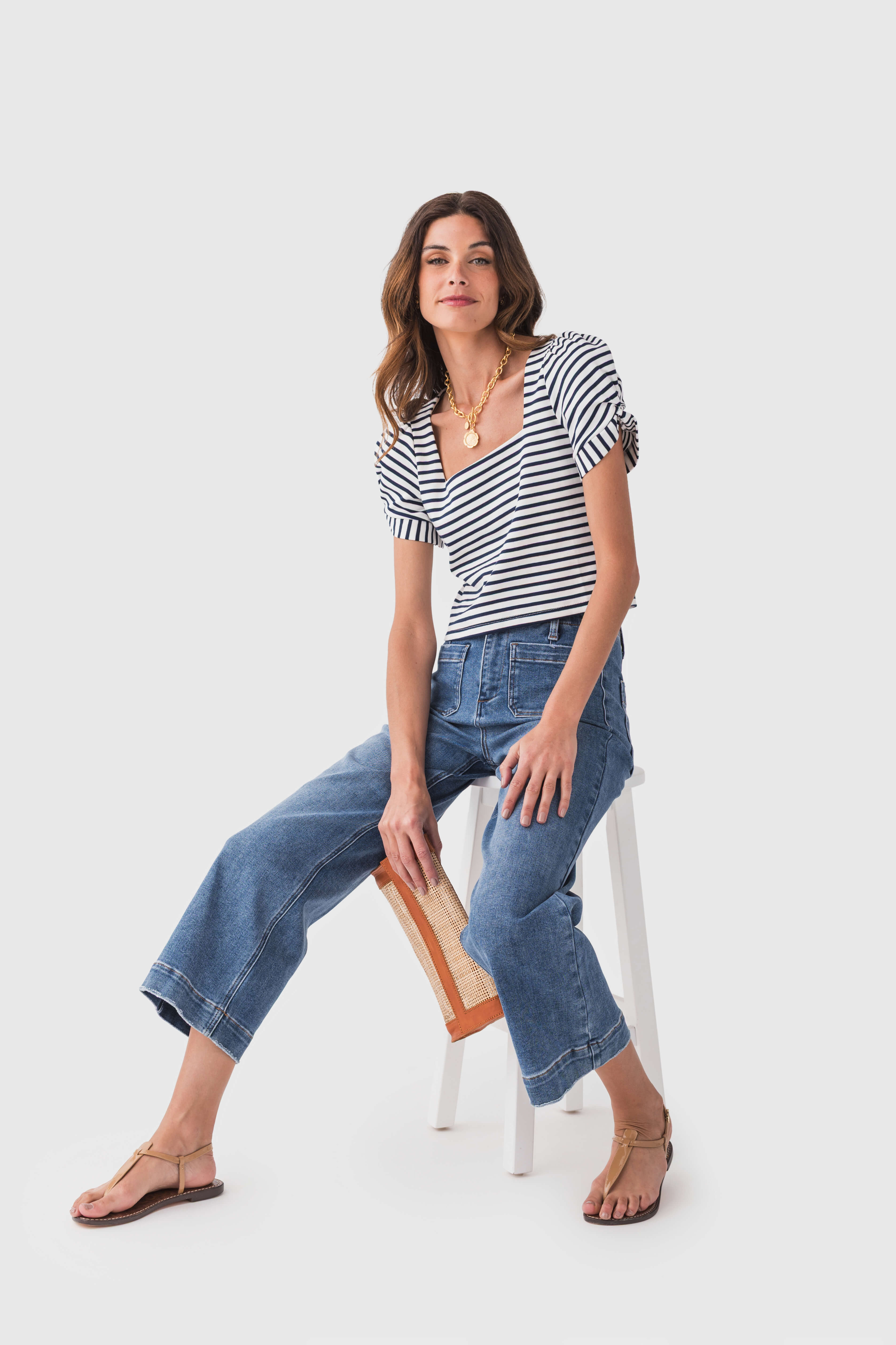 Skies Are Blue Knit Stripe Puff Sleeve Top