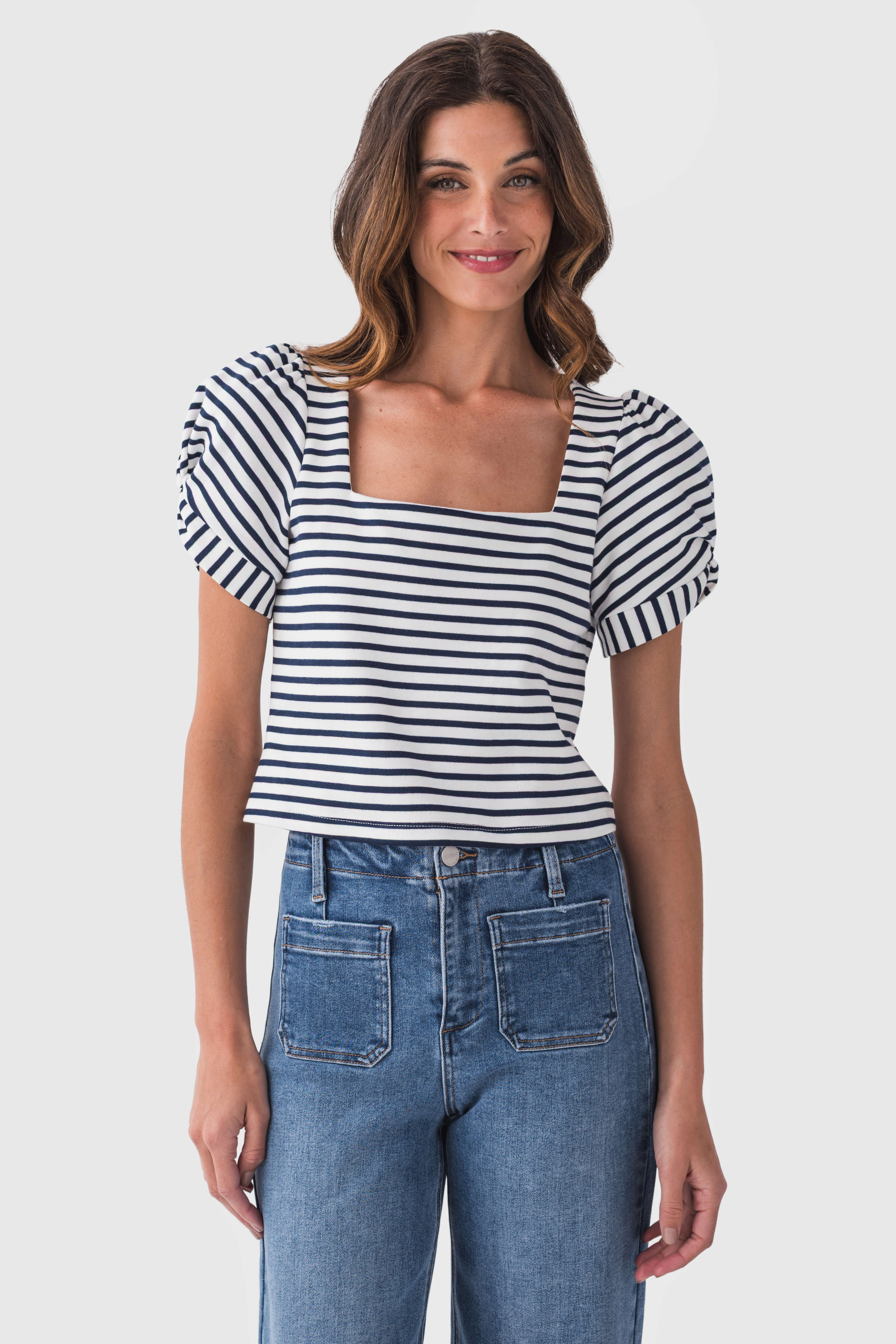 Skies Are Blue Knit Stripe Puff Sleeve Top