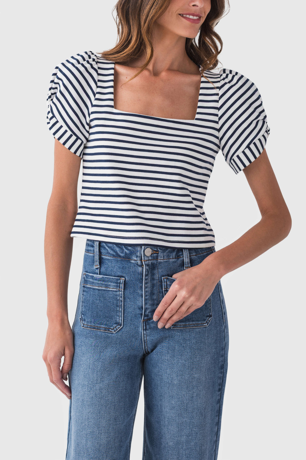 Skies Are Blue Knit Stripe Puff Sleeve Top