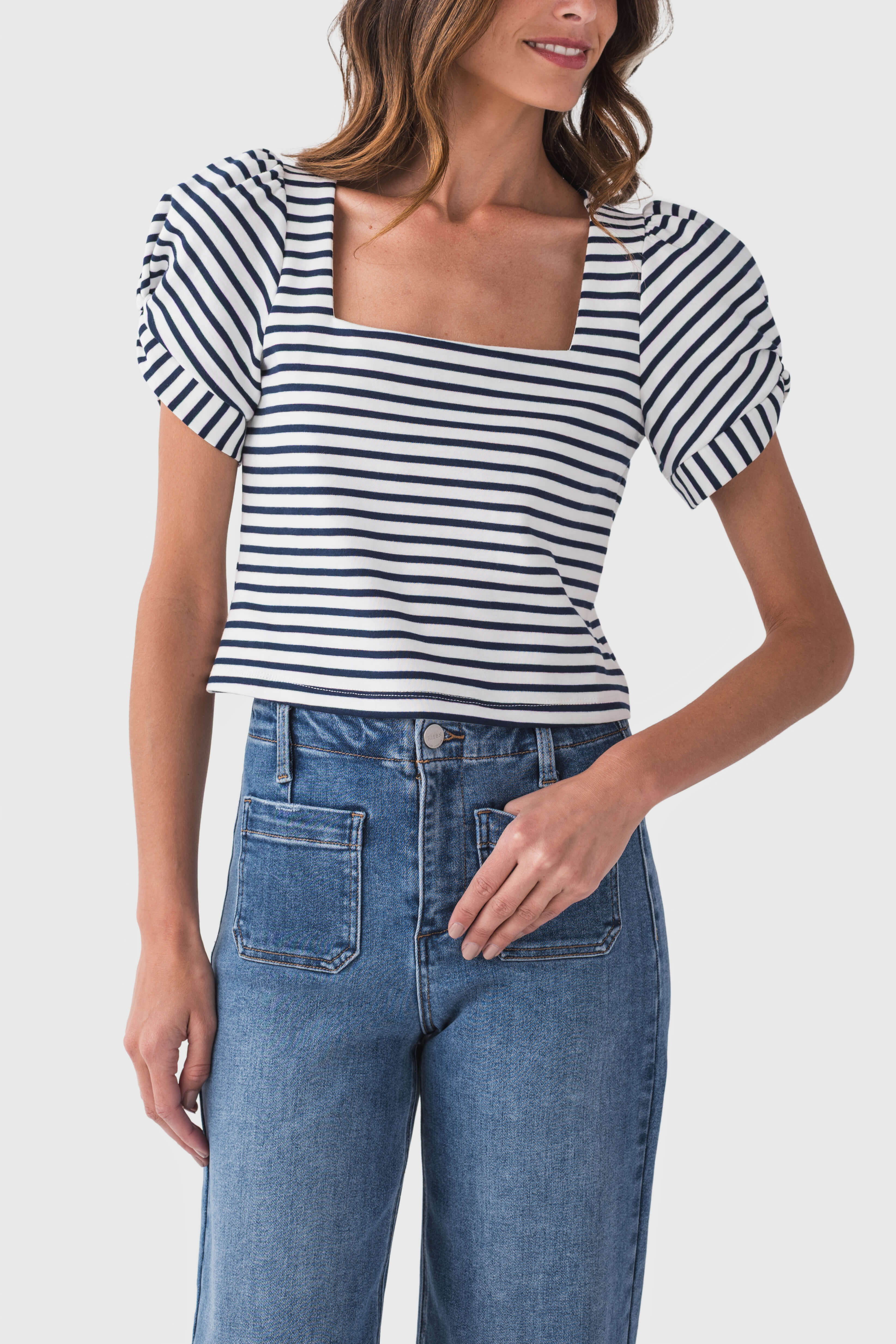 Skies Are Blue Knit Stripe Puff Sleeve Top