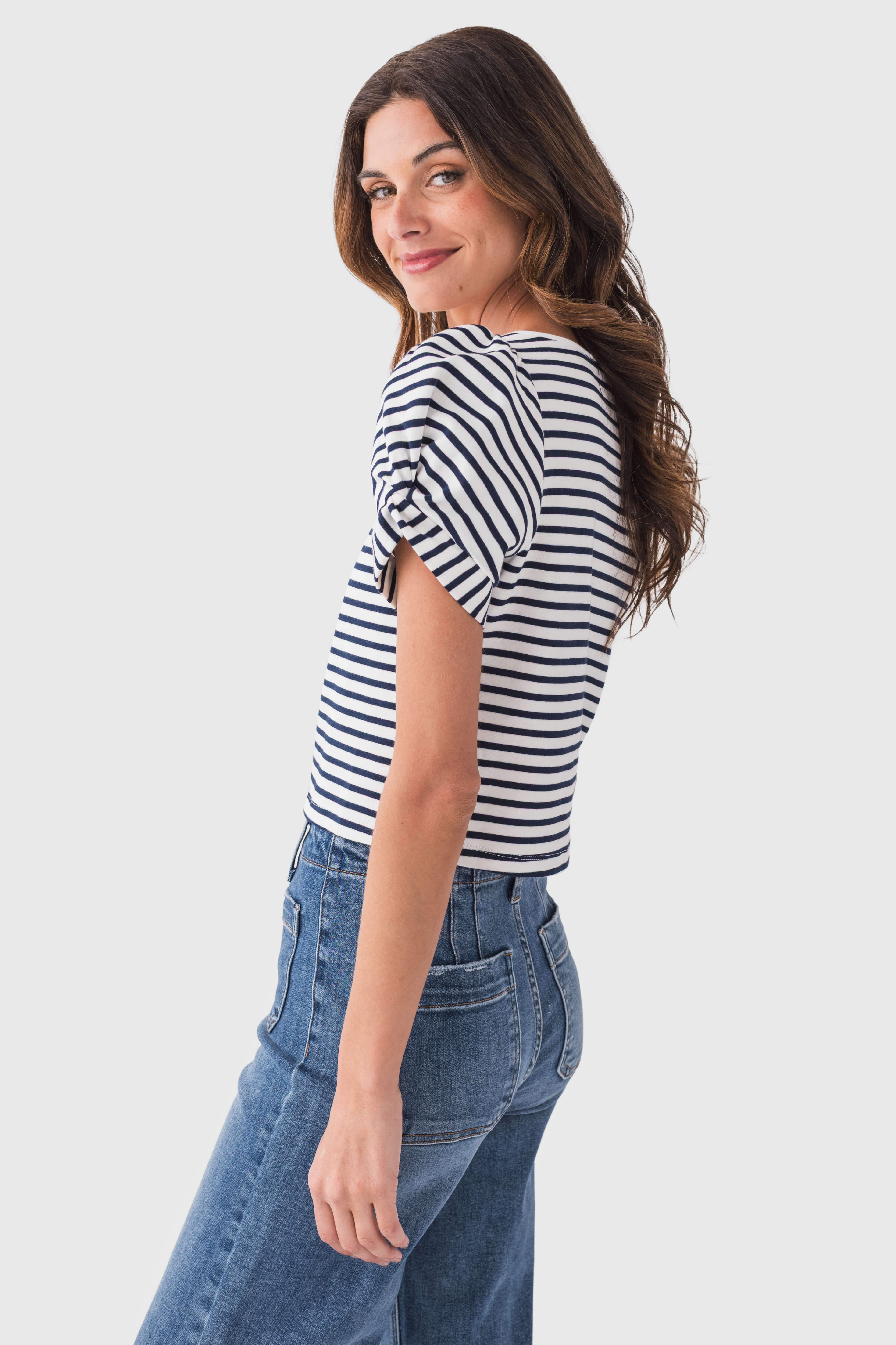 Skies Are Blue Knit Stripe Puff Sleeve Top
