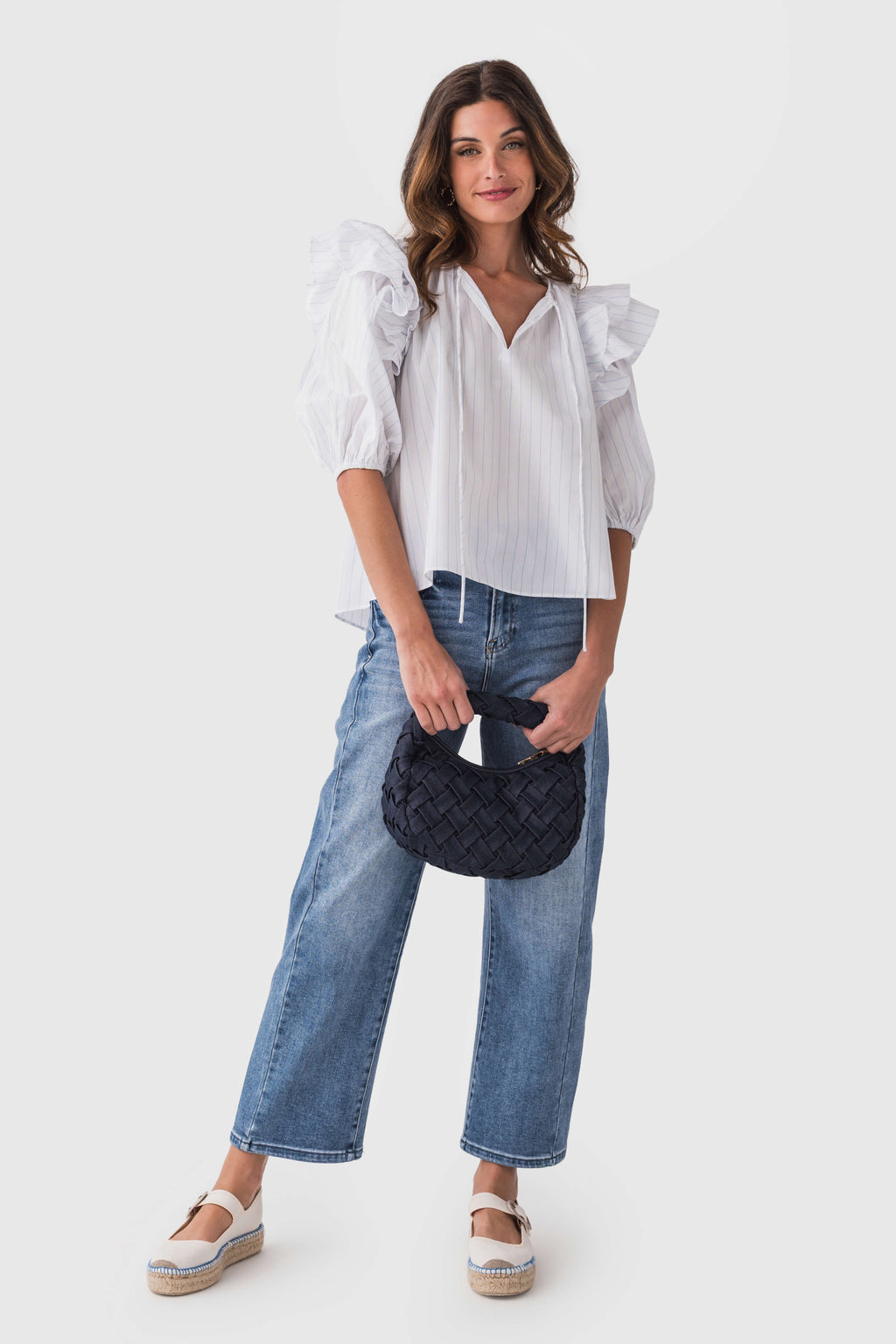 Mable Stripe Ruffle Shoulder Puff Sleeve Blouse