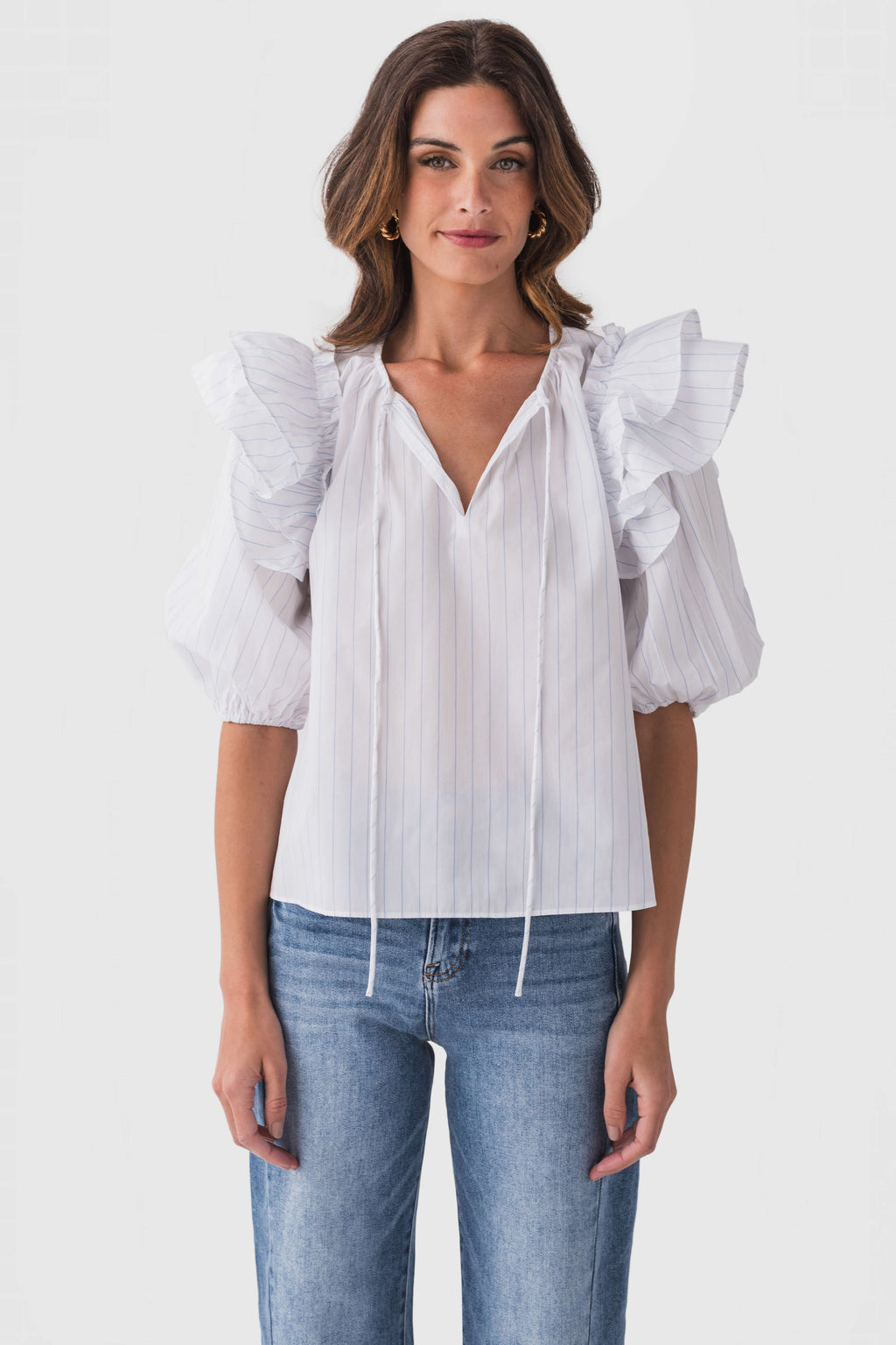 Mable Stripe Ruffle Shoulder Puff Sleeve Blouse