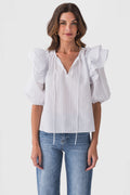 Mable Stripe Ruffle Shoulder Puff Sleeve Blouse
