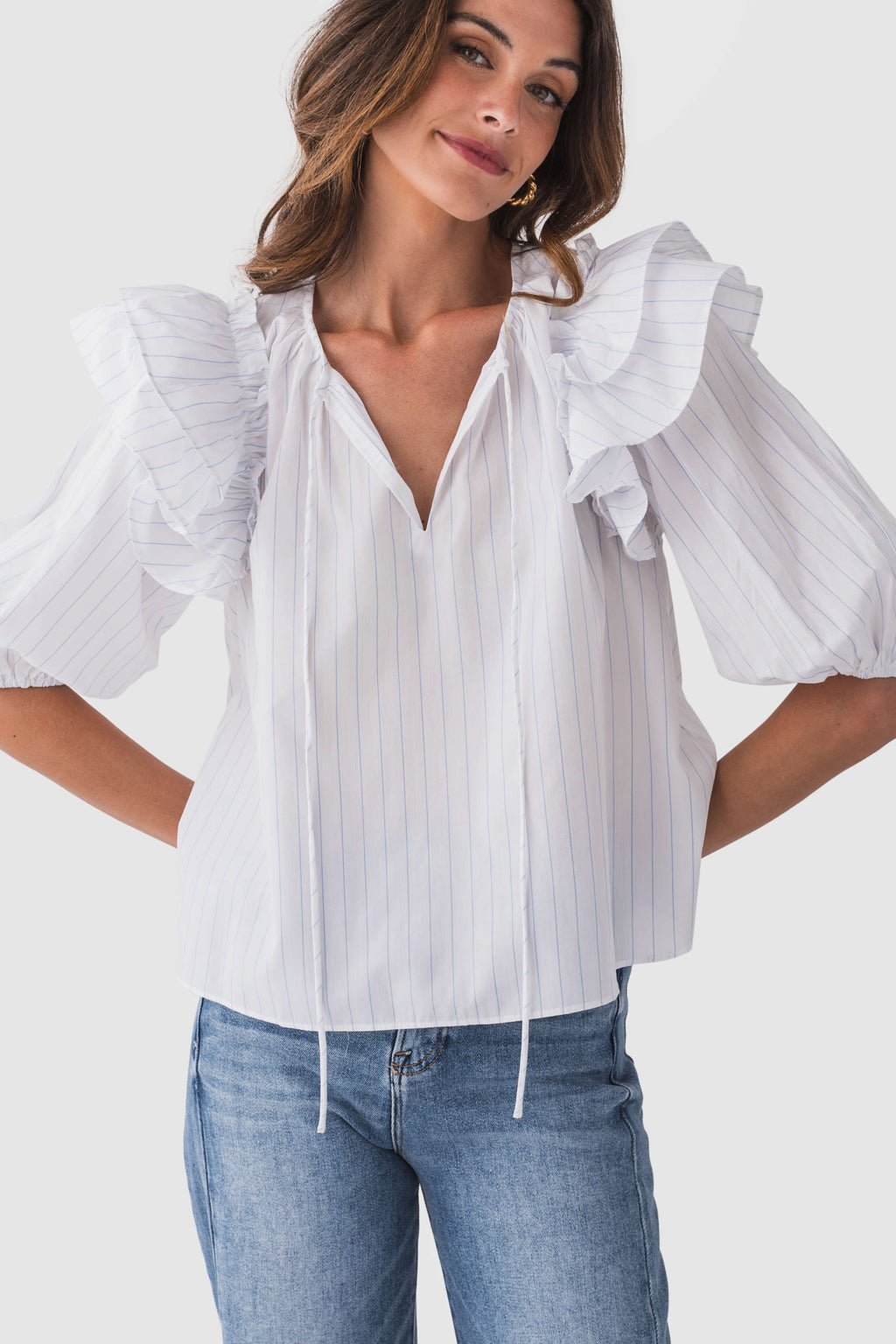 Mable Stripe Ruffle Shoulder Puff Sleeve Blouse