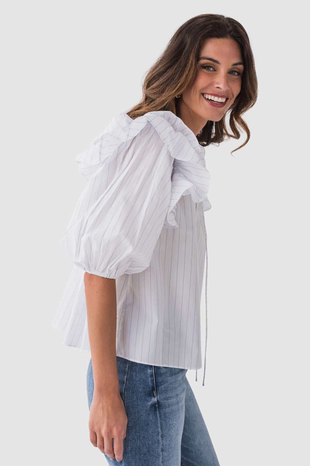 Mable Stripe Ruffle Shoulder Puff Sleeve Blouse