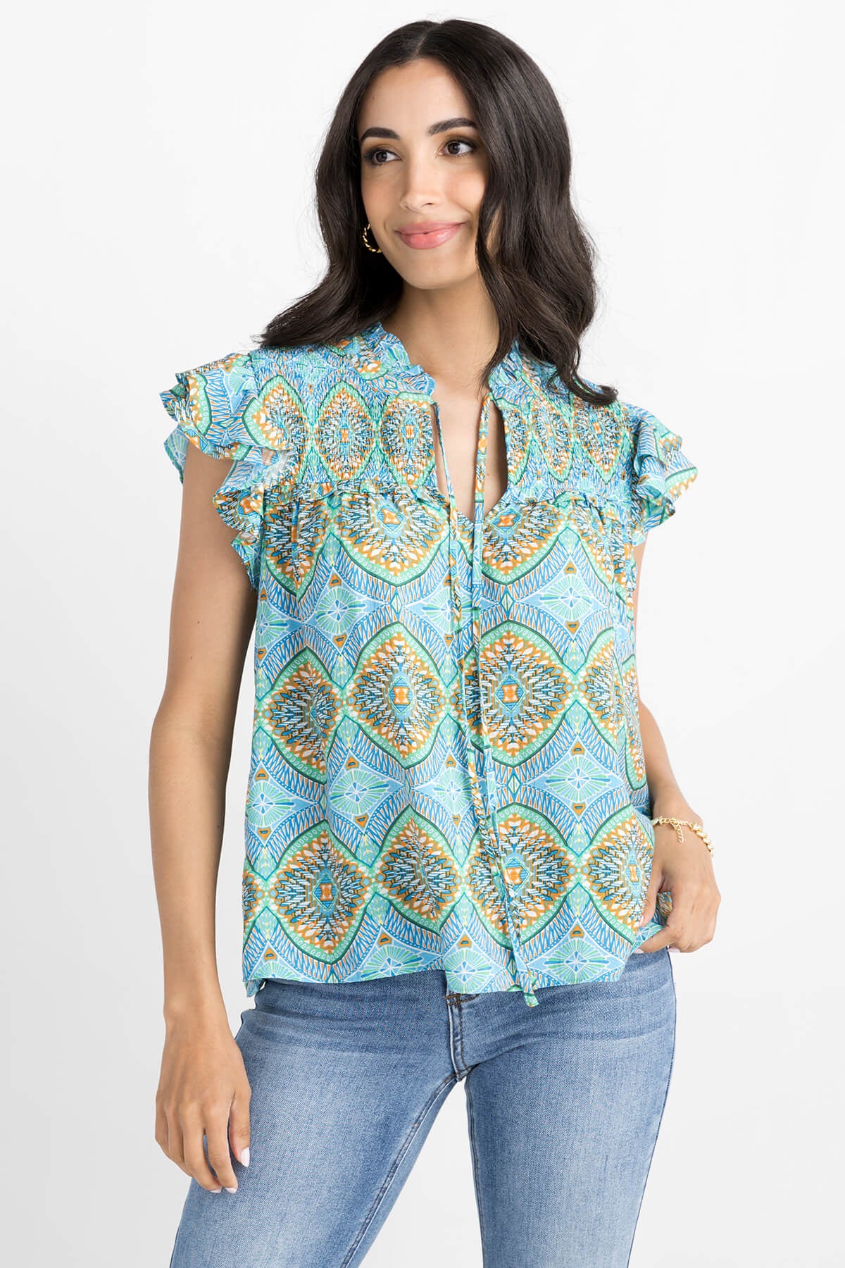 Current Air Printed Flutter Sleeve Top