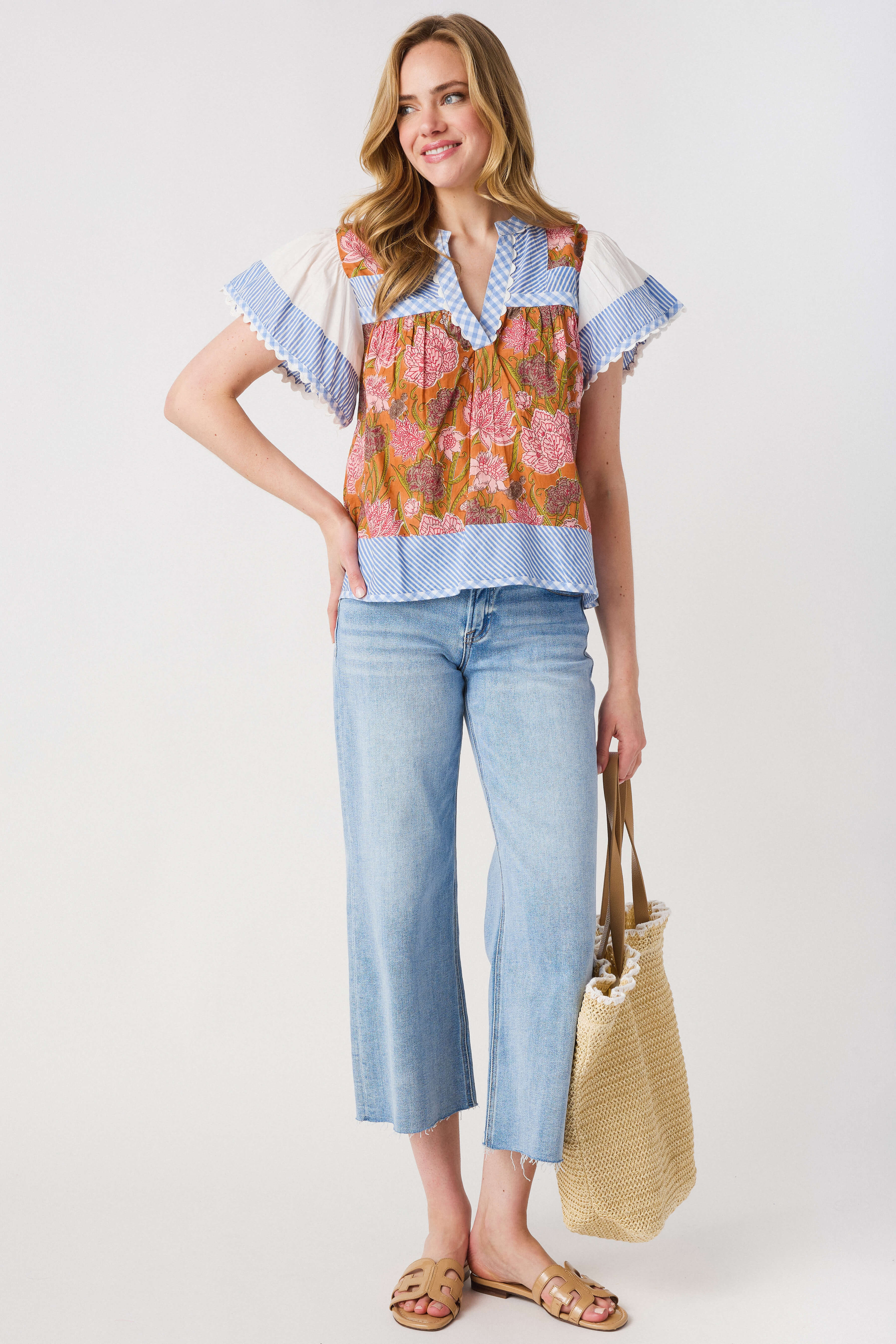 THML Flowy Sleeve Mixed Media Vneck Top