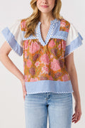 THML Flowy Sleeve Mixed Media Vneck Top