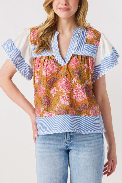 THML Flowy Sleeve Mixed Media Vneck Top